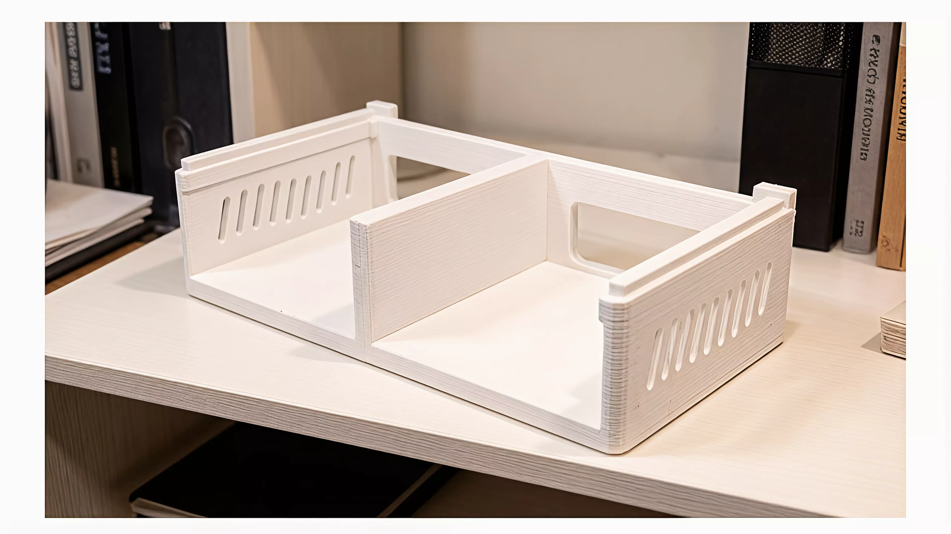 A modular rack tier for two NVIDIA DGX Spark nodes side-by-side, built as left + right halves tied by a slide-in dovetail plate, with male dovetail rails on top and female slots underneath so identical tiers slide-stack from the rear and lock with rear thumb-screw stop keys — in the chosen soft…