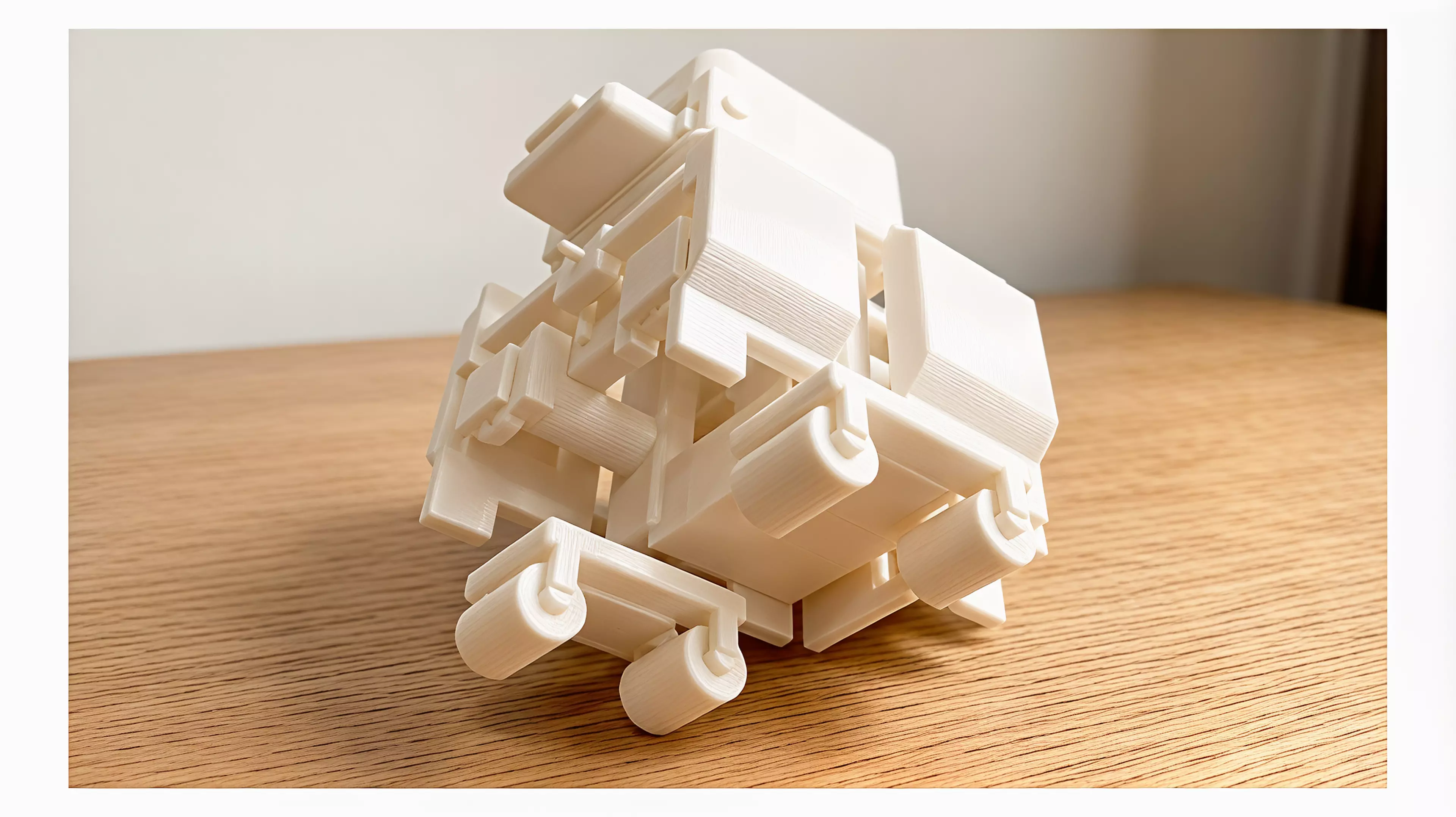 An original palm-size all-printed duck-like desk automaton designed around a visible ring crank, eccentric cam, paired-hip waddle, opening clip beak, rocking belly, keyed eyes, and removable captive-roller skates.