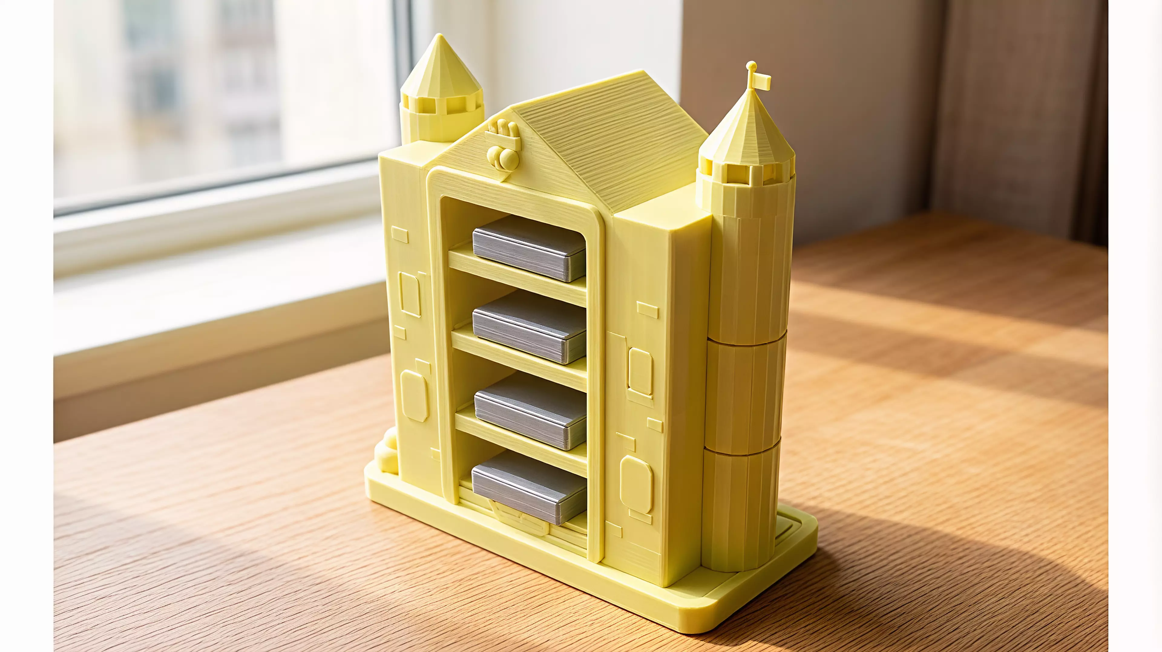A pastel fantasy-castle display shelf, 380 W × 190 D × ~420 H mm, that holds four NVIDIA DGX Spark units (150 × 150 × 50.5 mm each, ~1.2 kg each) in a four-level, front-and-rear-open chamber flanked by two round towers, printed as ~20 screw-together modules because the whole thing is far larger…