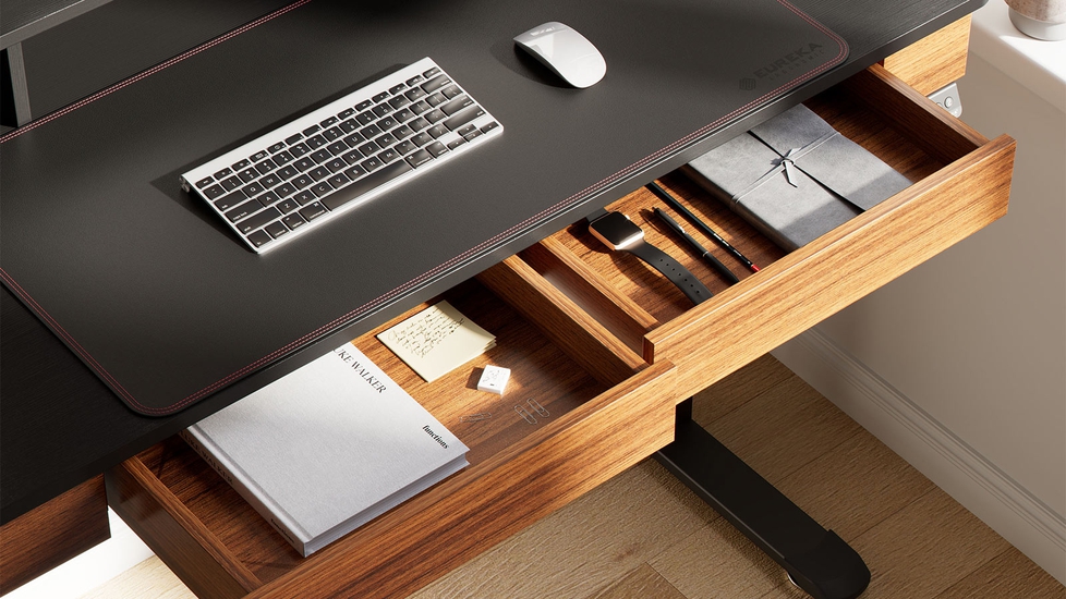 Ergonomic desk with new arrivals drawers