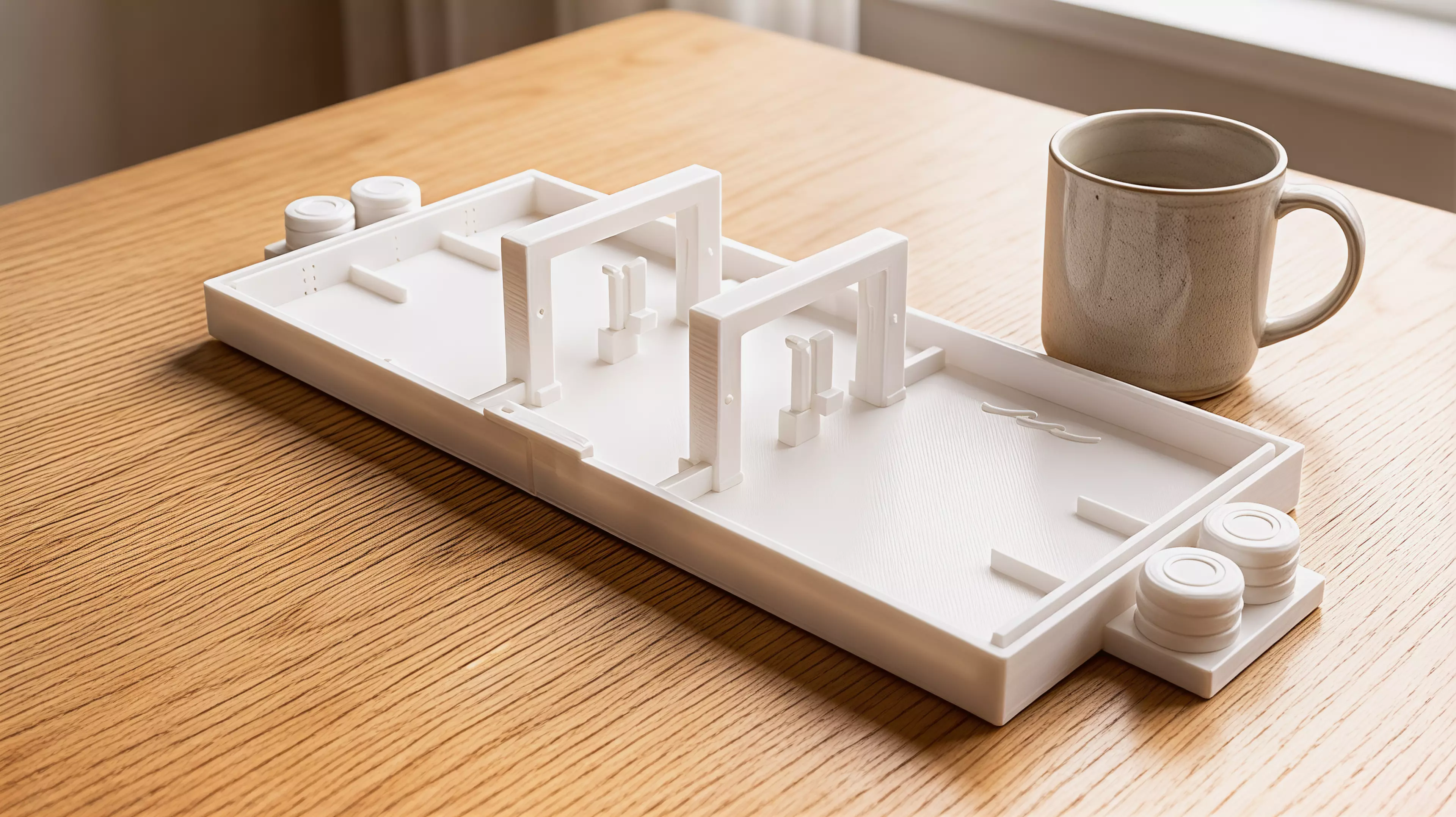 A portable, all-printed tabletop dexterity game for one or two players: pulse two gravity gates, flick a comet through both portals, and bank into pip-marked vaults across six shots.