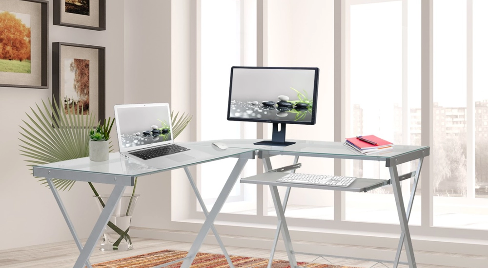 Techni Mobili L-Shaped Glass Top Computer Desk