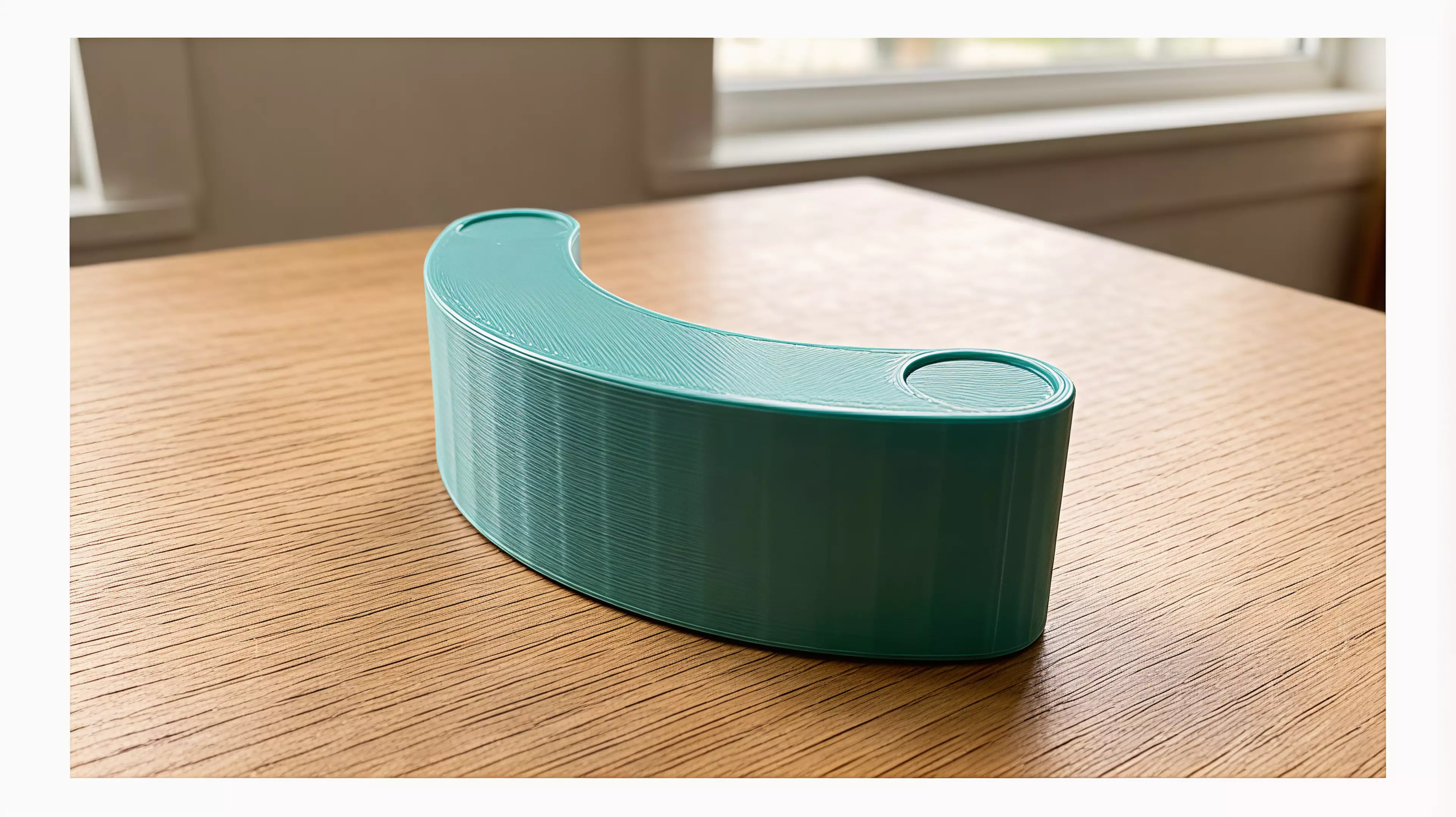 A tiny one-piece crescent desk rocker. Press a rounded horn with a fingertip and it tips, then gravity walks it back to rest on its outer curve.