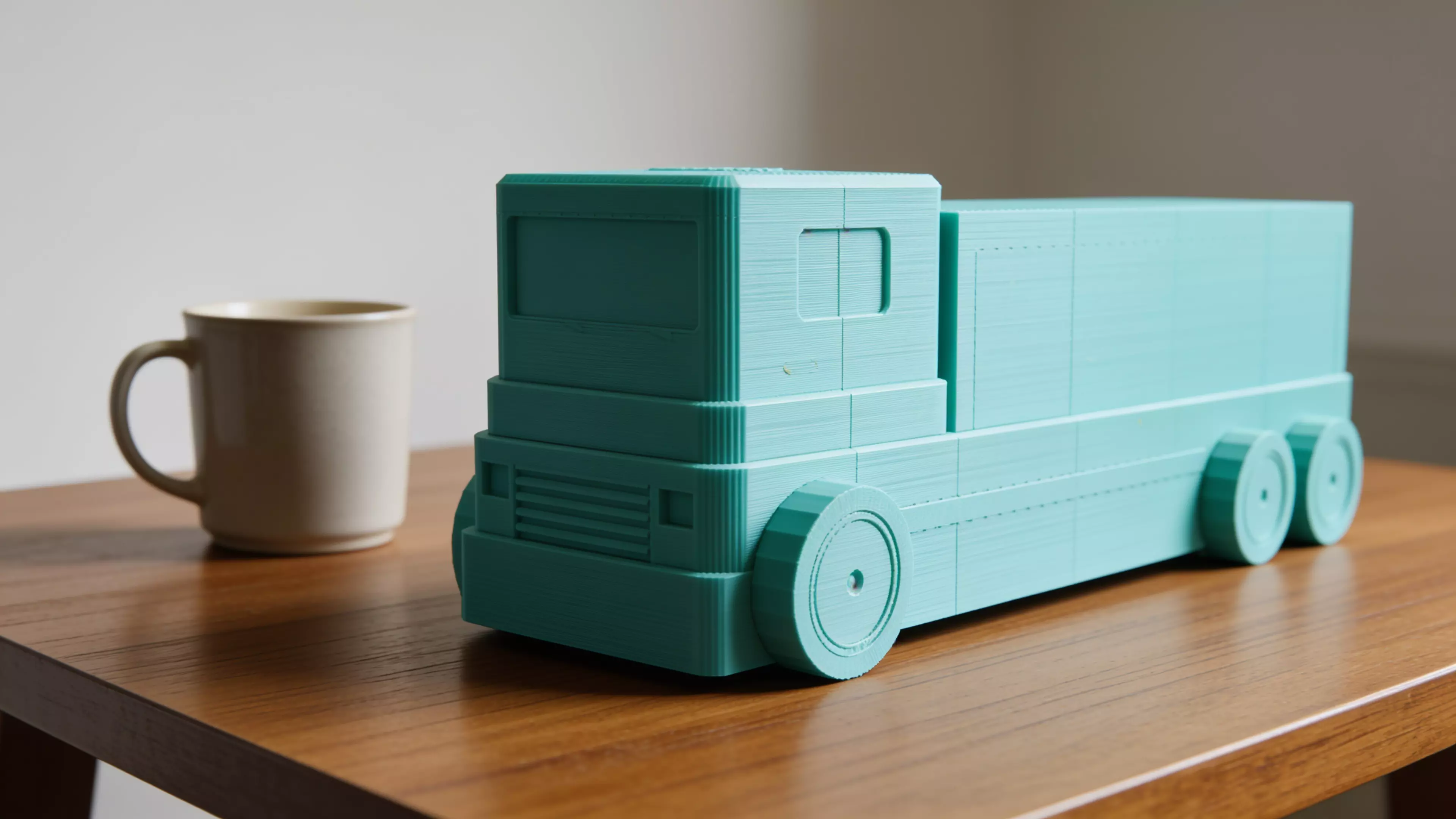 Design a unique, cute, vibrant futuristic truck-shaped display shelf for four DGX Spark units. The design should look like a real miniature autonomous delivery truck, where the cargo body is integrated into the truck and functions as an open display shelf.

DGX Spark dimensions:
150 mm L × 150…