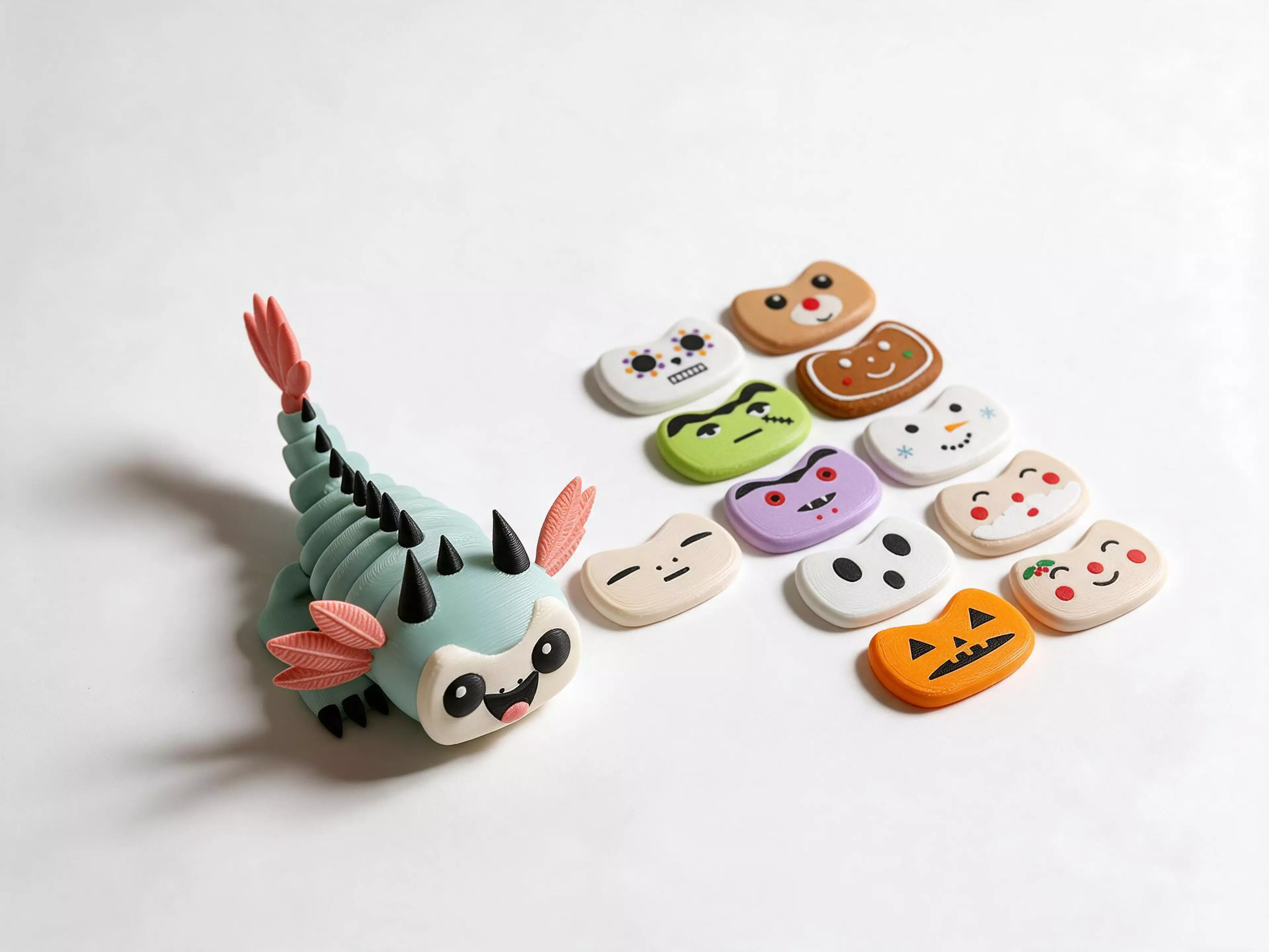 A posable mint axolotl-dragon with twelve swap-on faces for every day, Halloween and Christmas.