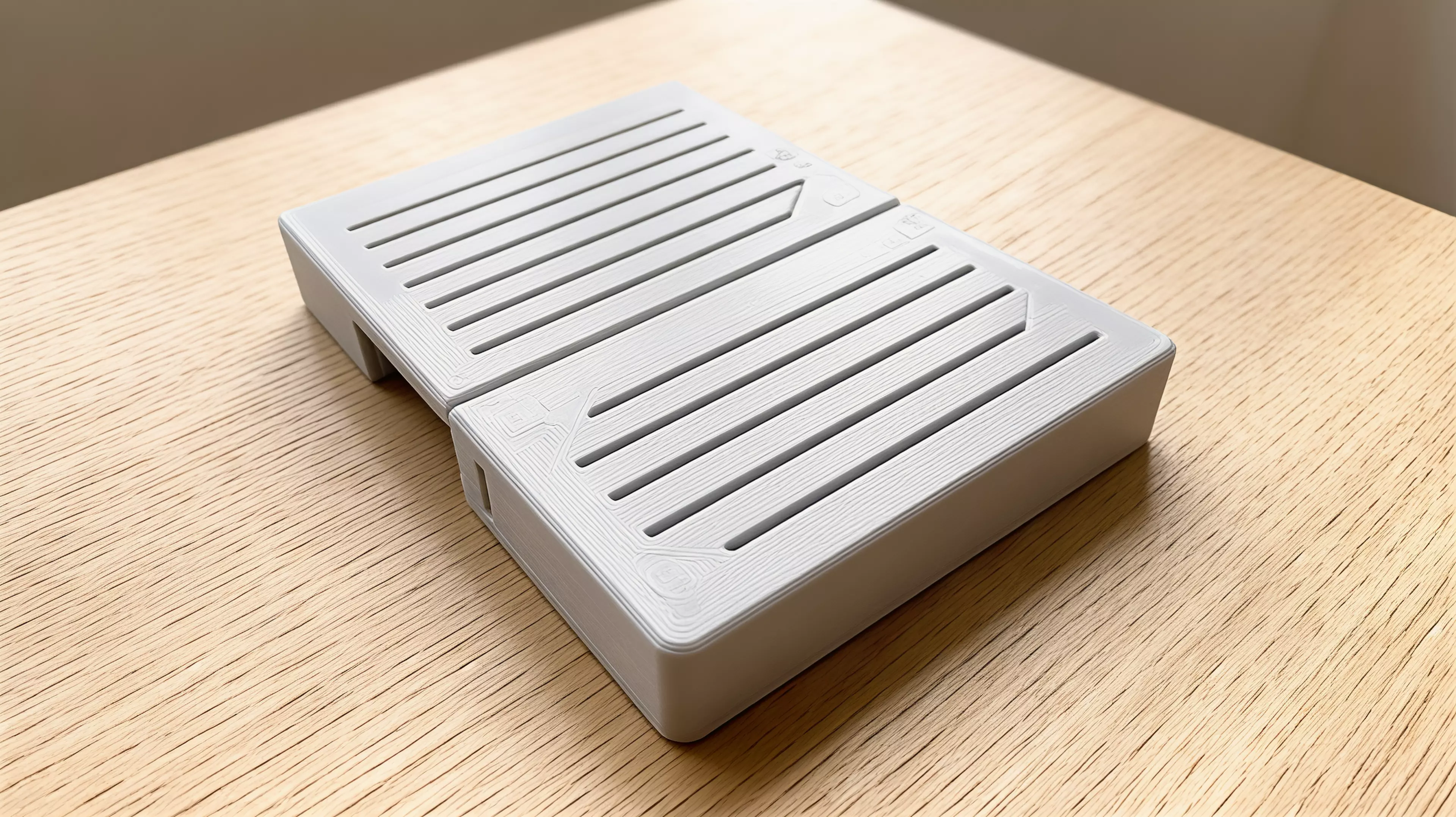 A 9-part FDM-printable 2x2 stacked stand for four 150x150x50.5 mm DGX Spark nodes: a full-height base/spine frame with dual vertical posts, four cantilevered vented shelf trays (fastened with M4 SHCS into heat-set inserts), and four TPU anti-vibration feet — matte tool-grey body with hazard-amber…