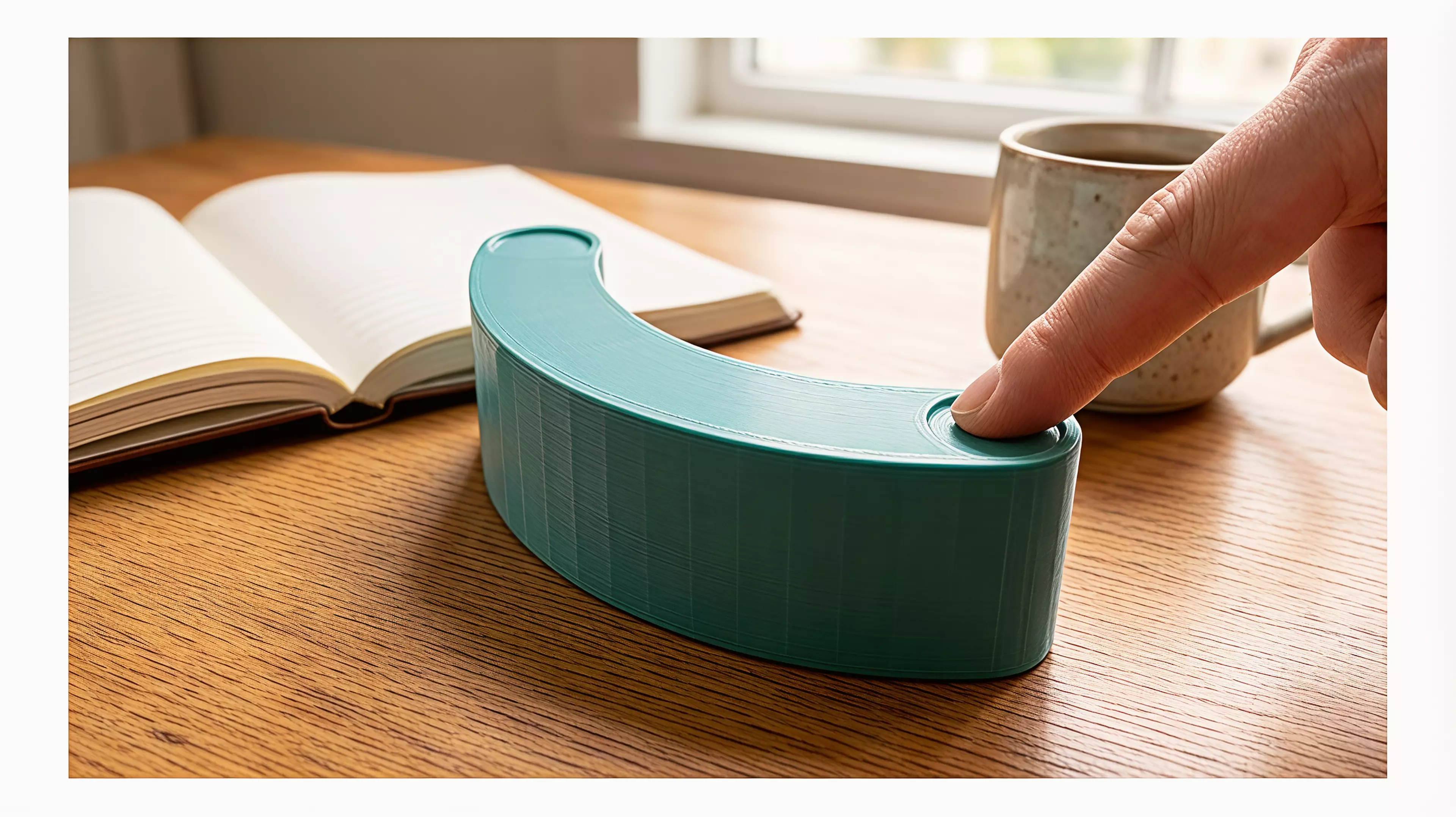 A tiny one-piece crescent desk rocker. Press a rounded horn with a fingertip and it tips, then gravity walks it back to rest on its outer curve.