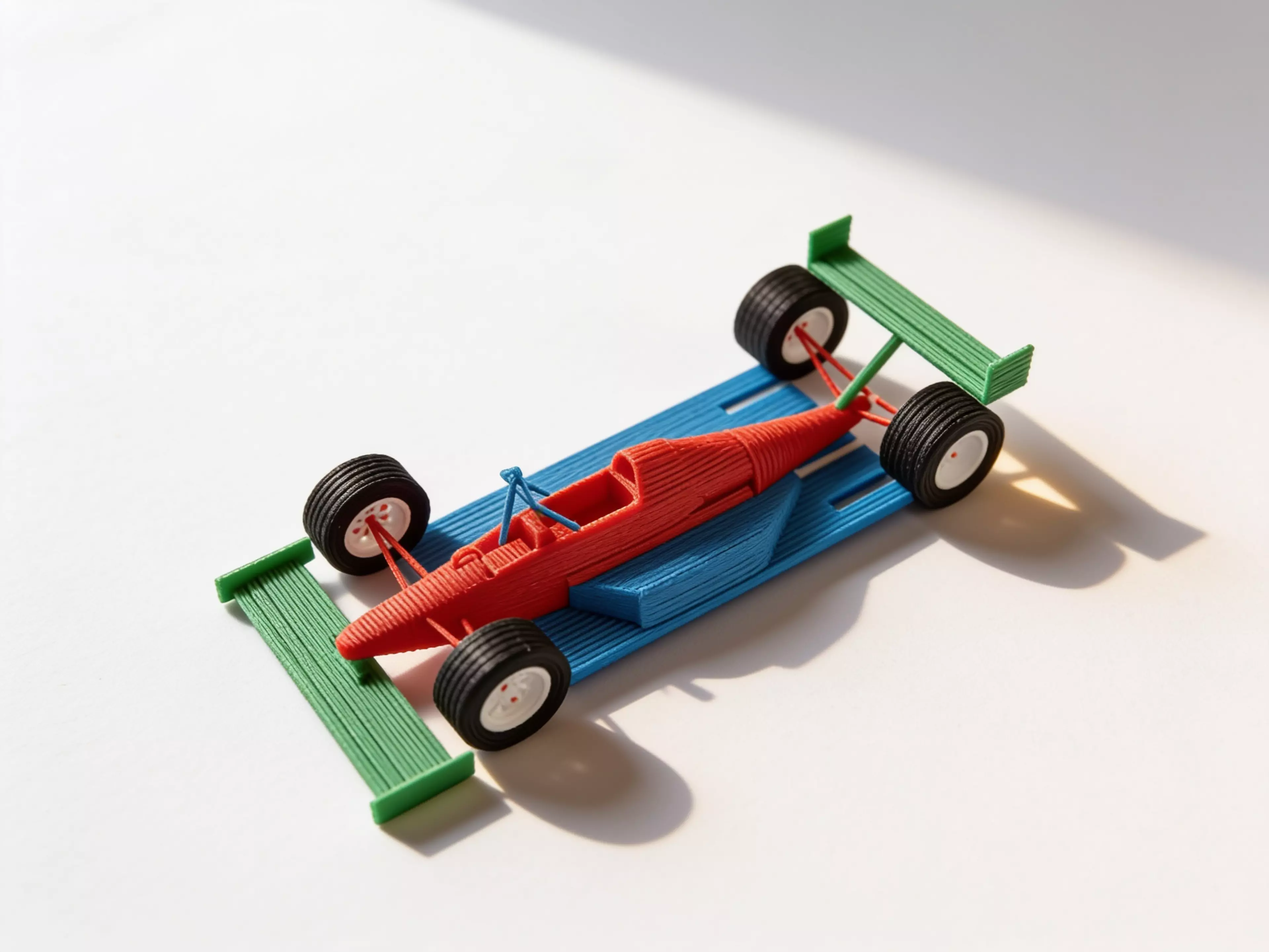 A 10-part, 17-piece 1:16 scale Mercedes-style F1 car: silver body shell (tub/nose/sidepods/engine cover with integrated suspension arms and axle stubs), black floor/diffuser, black front and rear wings, black halo, 4 rotatable wheels (2 rim + 2 tire designs, front/rear) with a center-lock retaining…