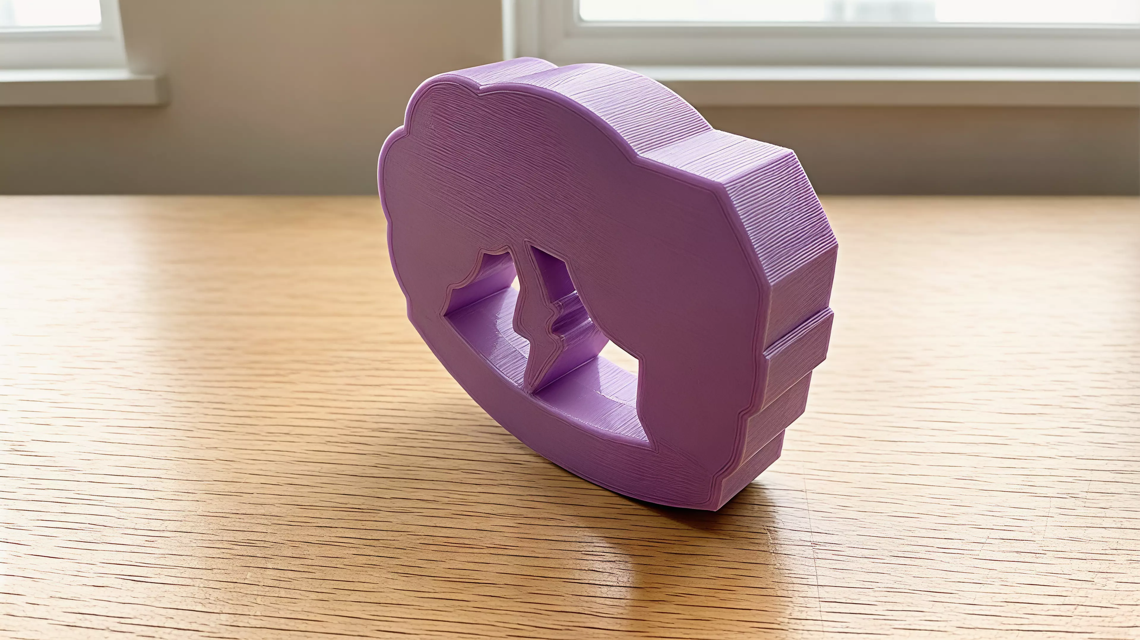 A palm-sized, one-piece storm-cloud desk rocker whose connected lightning bolt sweeps through the open arch as the whole body rocks and returns toward center.