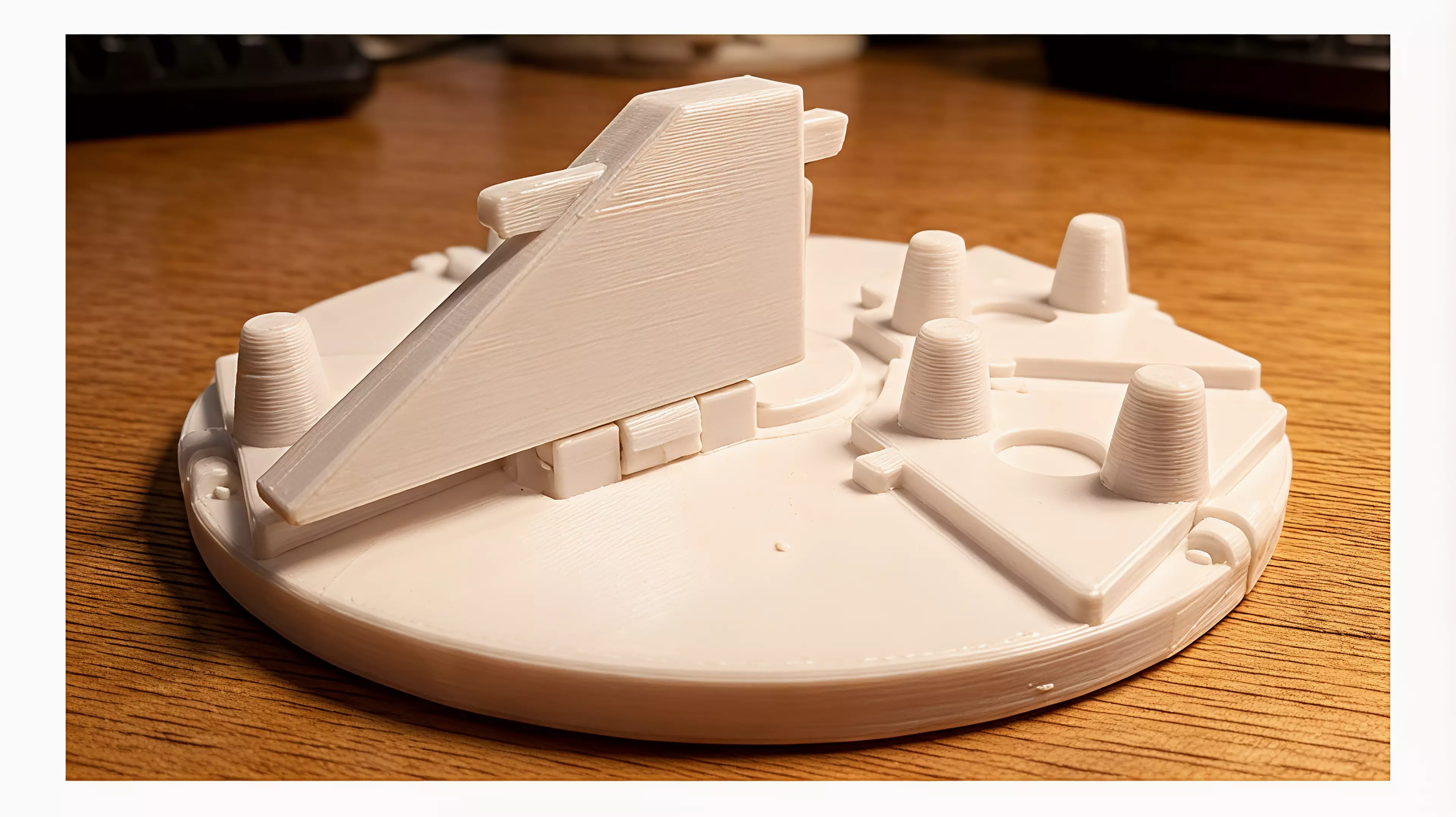 A mechanically verified kinetic abstract strategy prototype. Six hinged petals irreversibly transform the visible movement graph: flat pairs form HALO routes, raised pairs form CROWN routes, and mixed elevations become real gaps. Includes parametric CadQuery source, assembly and per-part STEP/STL, colored GLB, rules, playtest gates, and verified renders.
