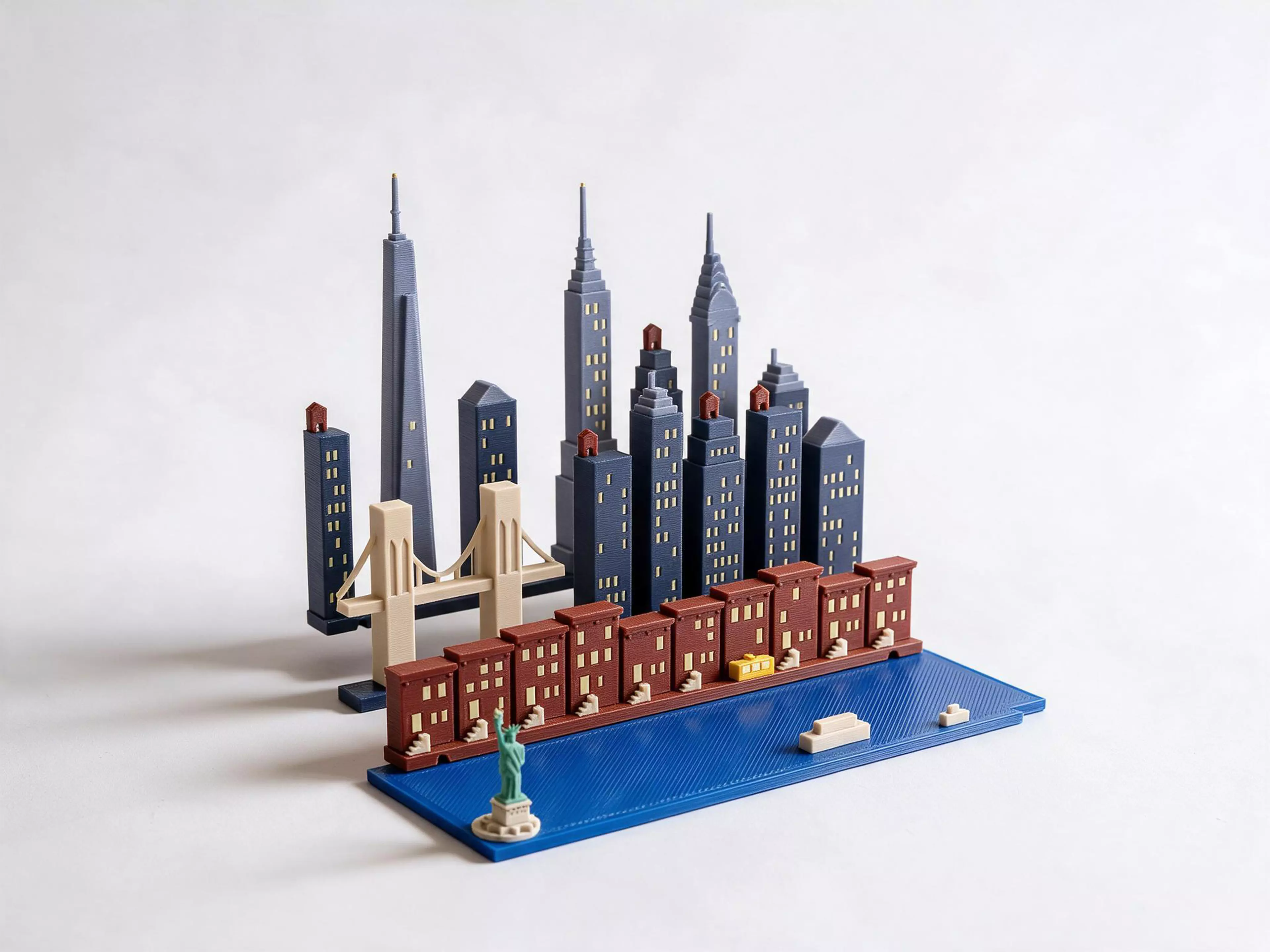 A New York set for the Moonlit Atlas pop-up book: three rows of miniature buildings and a harbour plate that click onto the book's row frames with magnets. In this set: the Statue of Liberty with her torch, One World Trade Center, the Empire State and Chrysler buildings, the Brooklyn Bridge, brownstones with their stoops, rooftop water tanks, a yellow taxi, and a ferry and tug in the harbour. The windows and Liberty's torch glow in the dark, with no batteries. It needs the Moonlit Atlas book, which is sold separately, and it swaps with any other city set in seconds.
