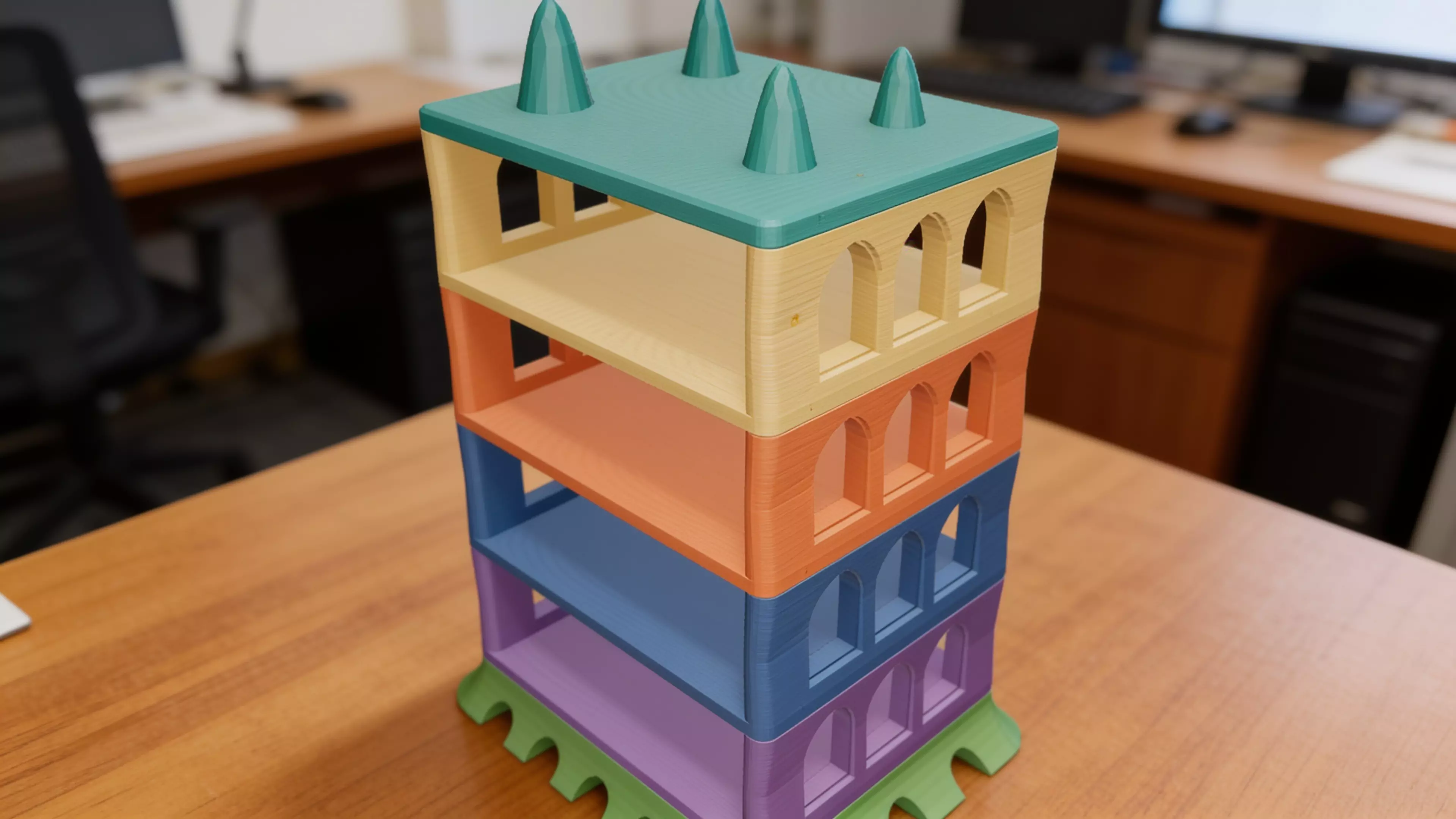A freestanding 6-piece sculptural tower — splayed organic plinth, four identical catenary-arch bay modules that each cradle one DGX Spark on an open slide-in shelf, and a four-pinnacle parabolic crown — in matte bone-tone PLA, 210 × 170 × 309 mm assembled.