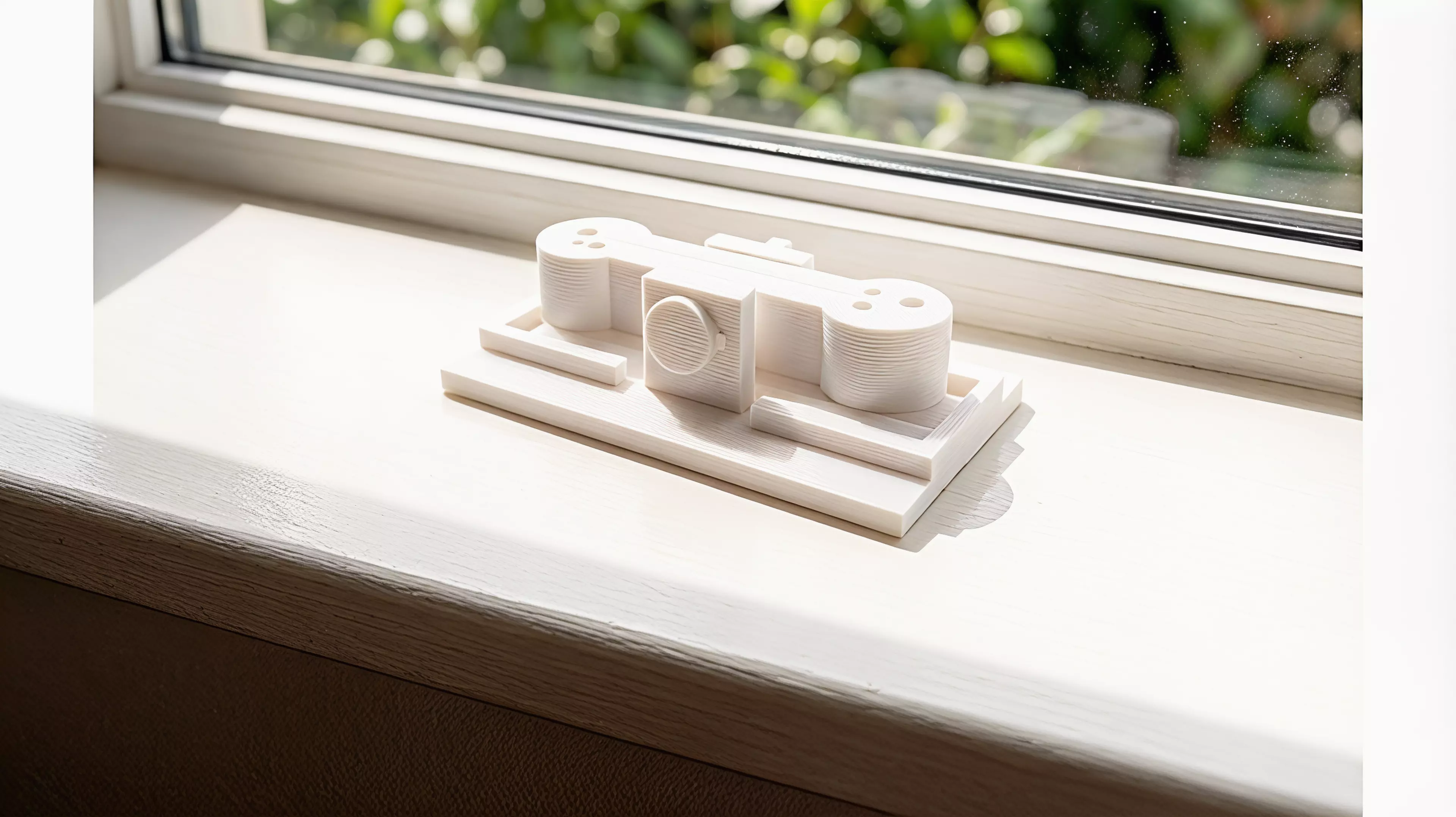A palm-sized, three-part printable desk mechanism whose exposed rocker makes one cratered moon rise when the other is pressed.