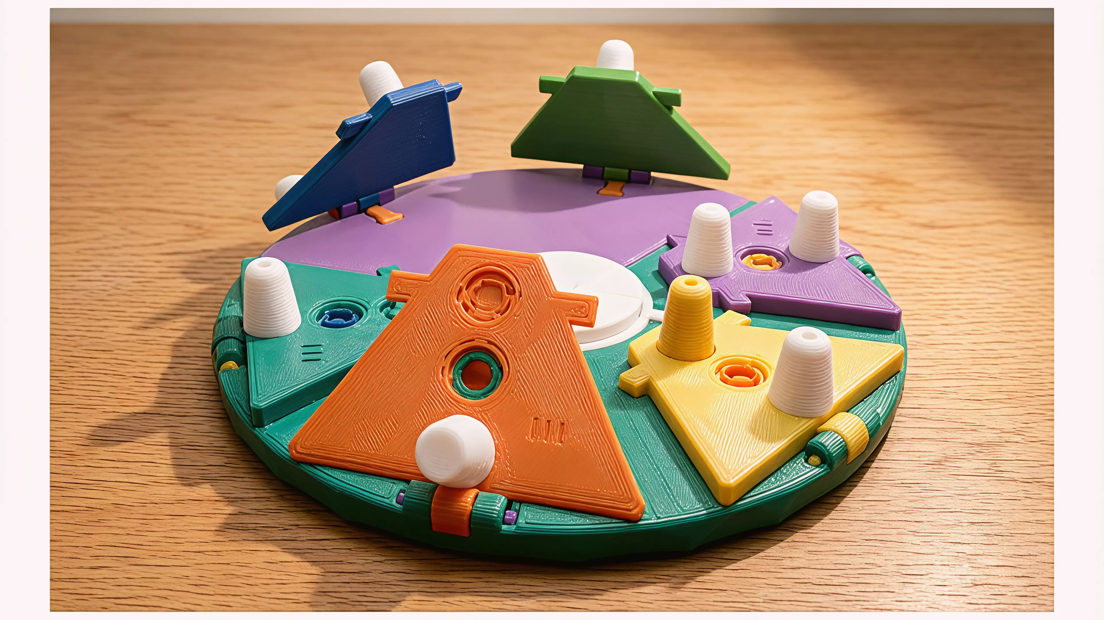 A mechanically verified kinetic abstract strategy prototype. Six hinged petals irreversibly transform the visible movement graph: flat pairs form HALO routes, raised pairs form CROWN routes, and mixed elevations become real gaps. Includes parametric CadQuery source, assembly and per-part STEP/STL, colored GLB, rules, playtest gates, and verified renders.