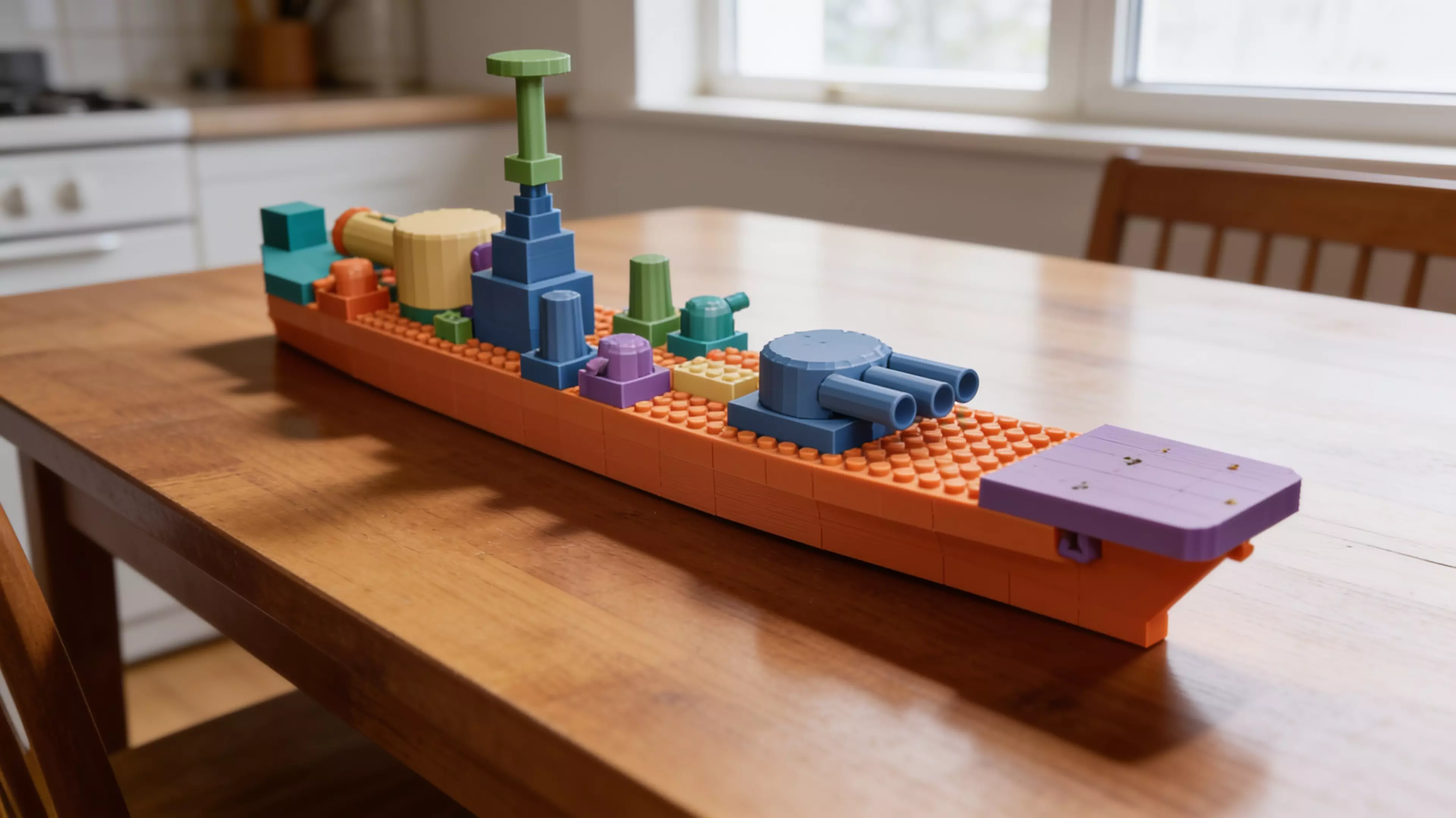 A WWII-dreadnought-styled construction toy: an 8 mm-pitch stud-and-tube brick system (deck plate, bow, stern, bridge tower, generic bricks, smokestacks, secondary turrets) plus a free-rotating main turret with a spring-less push-launcher, assembling into a 240 mm desktop battleship.