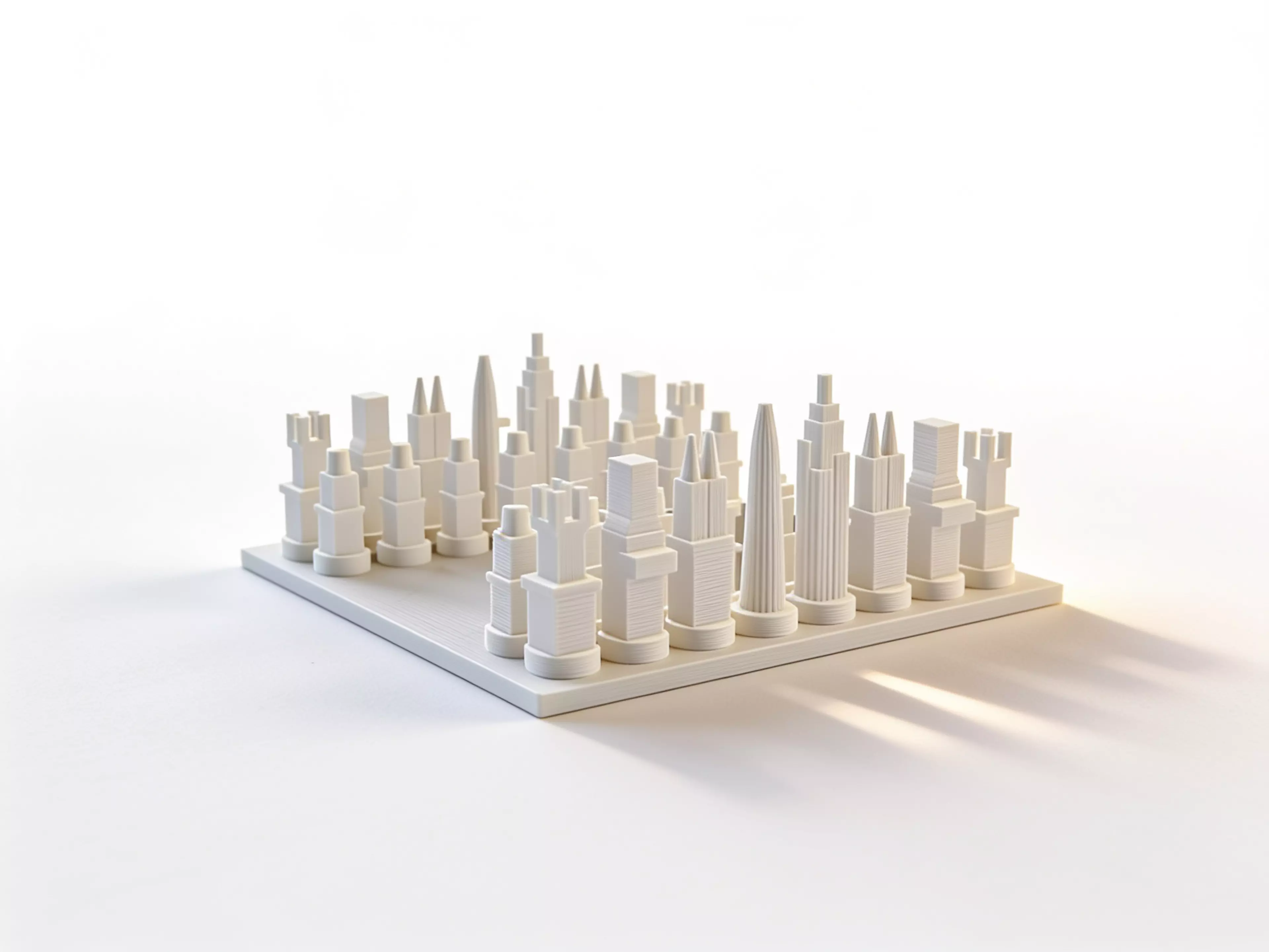 A compact standard-rules chess set with two tactile armies built from six Ho Chi Minh City architectural silhouettes.