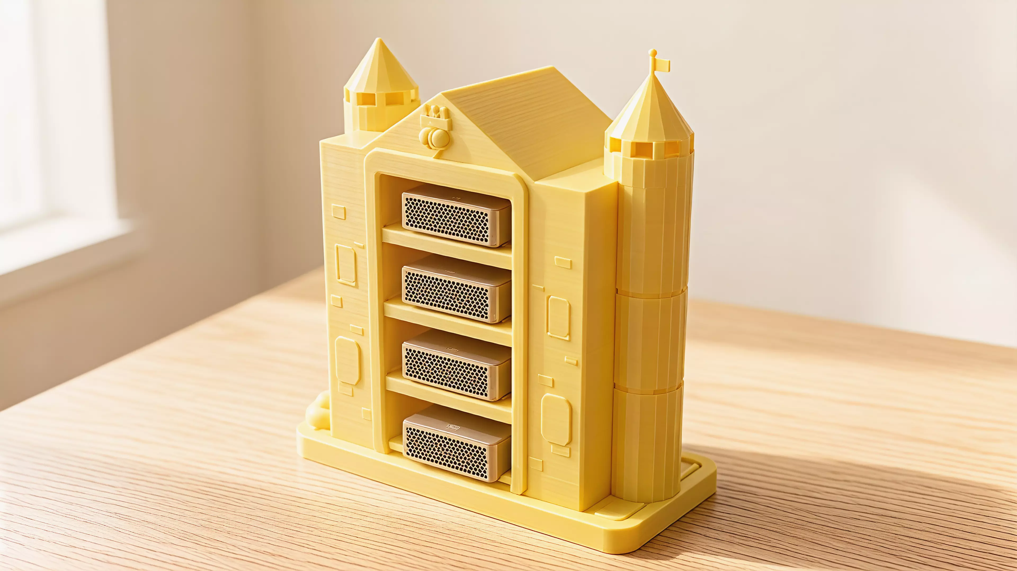 A pastel fantasy-castle display shelf, 380 W × 190 D × ~420 H mm, that holds four NVIDIA DGX Spark units (150 × 150 × 50.5 mm each, ~1.2 kg each) in a four-level, front-and-rear-open chamber flanked by two round towers, printed as ~20 screw-together modules because the whole thing is far larger…