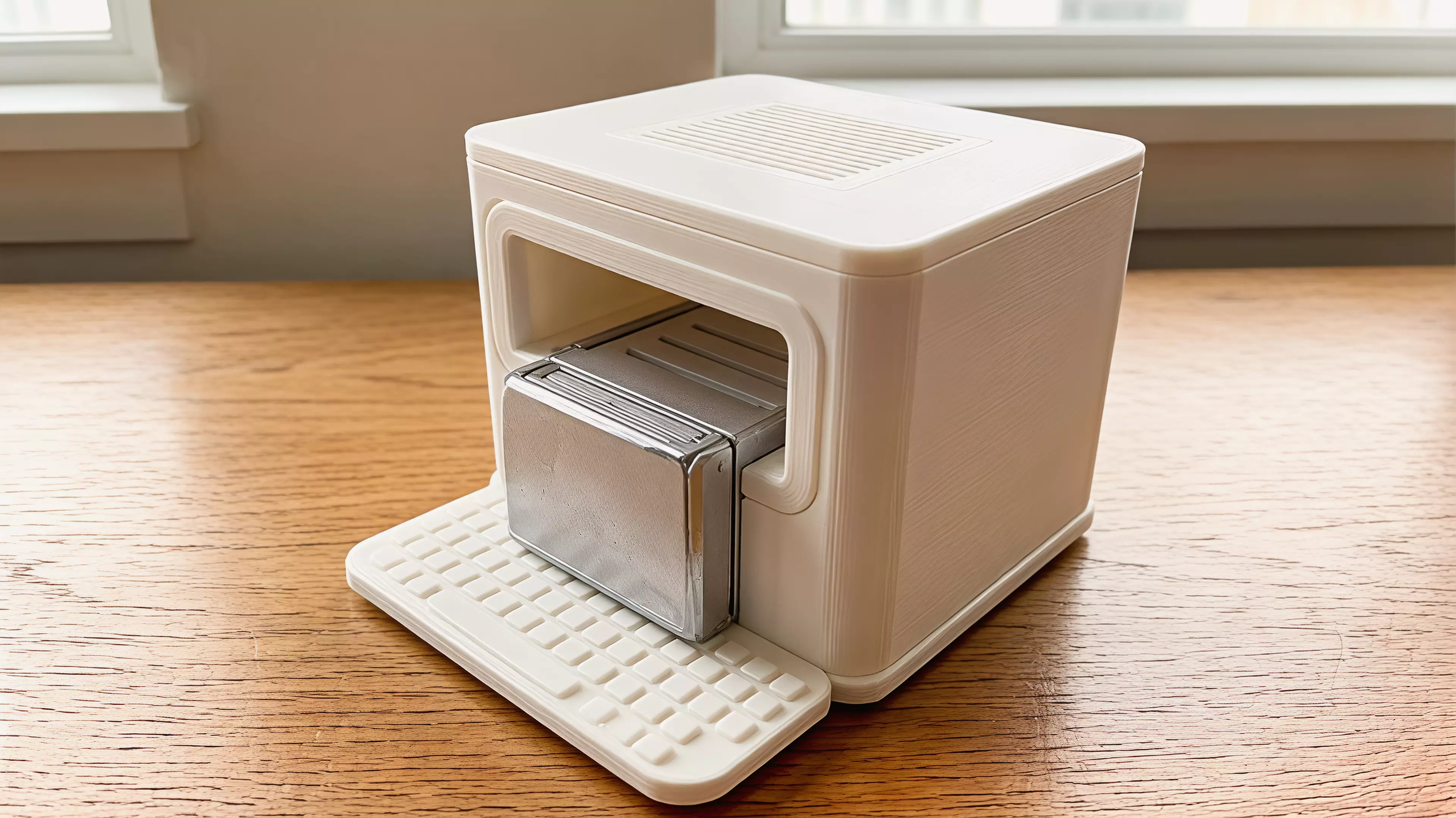 a 220 × 180 × 178 mm Macintosh-silhouette desktop shelf in crisp modern-minimal style, with an open front-to-rear tunnel that holds one NVIDIA DGX Spark (150 × 150 × 50.5 mm) on two internal rails, built as a main body + removable top cover + detachable base plus secondary trim parts.