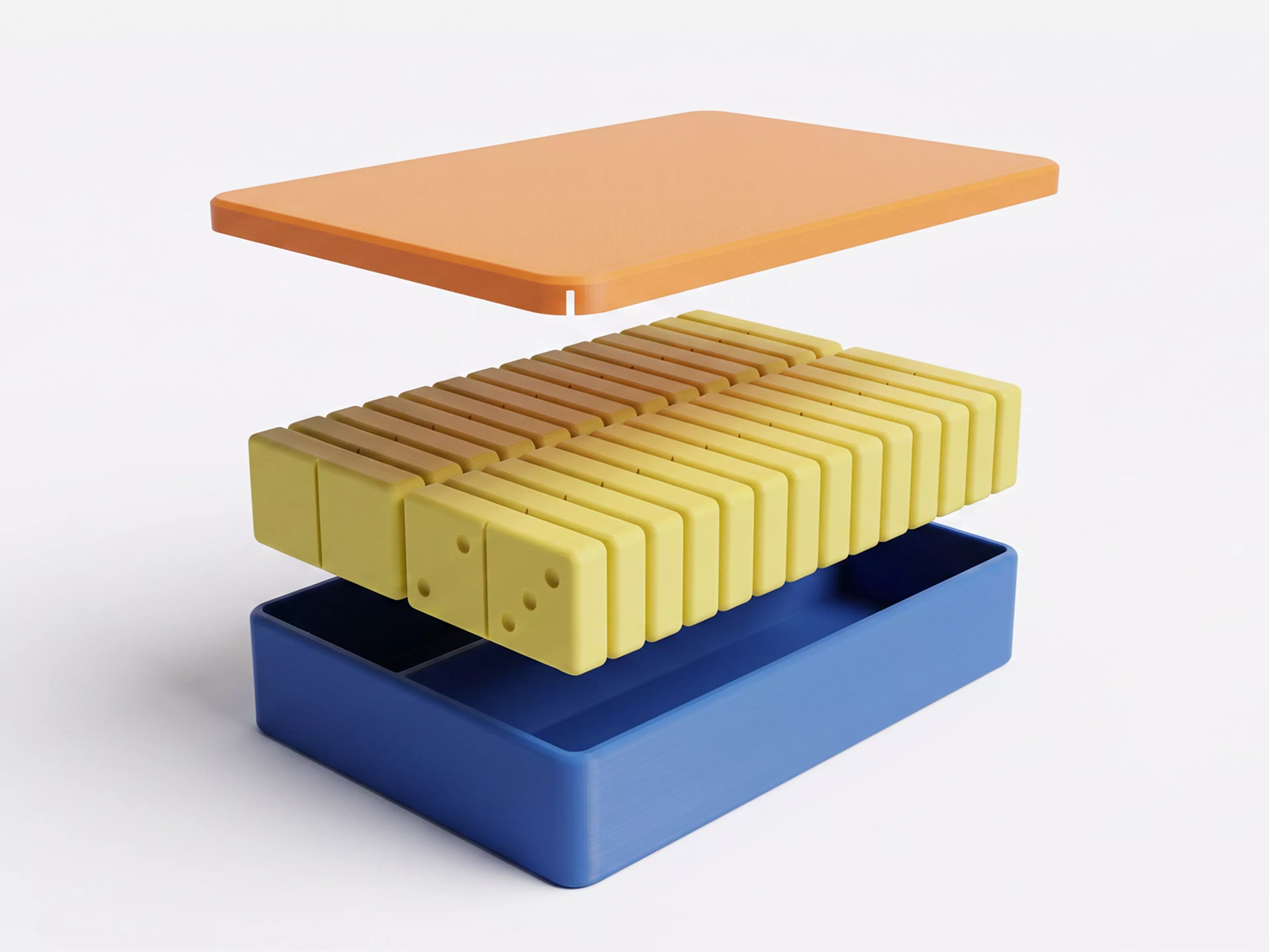 A complete Double-6 domino set — 28 tiles (48 x 24 x 8 mm) with raised embossed pips — stored in a fitted two-row tray with a slip-fit lid.
