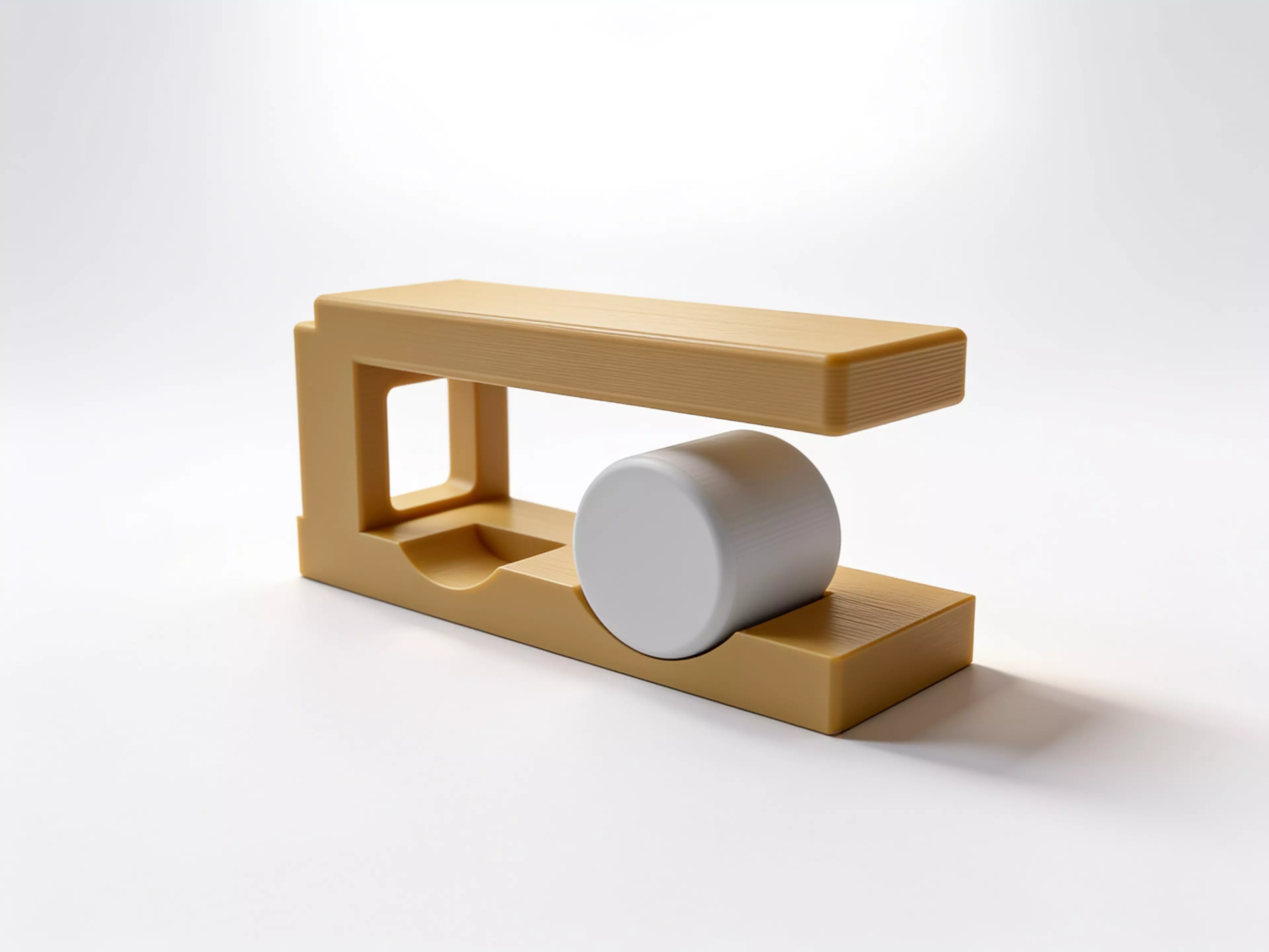 A two-piece hand-powered desk toy whose open clam shell is intended to shift between low and tall poses around a loose, visible pearl drum.