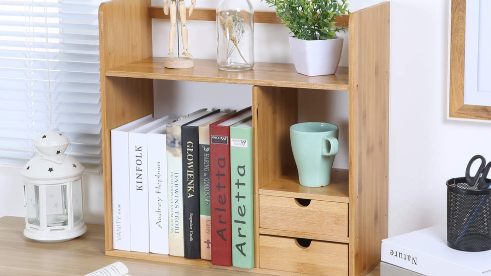Maydear Bamboo Desktop Bookshelf with 2 drawers: Double Layer - Autonomous.ai