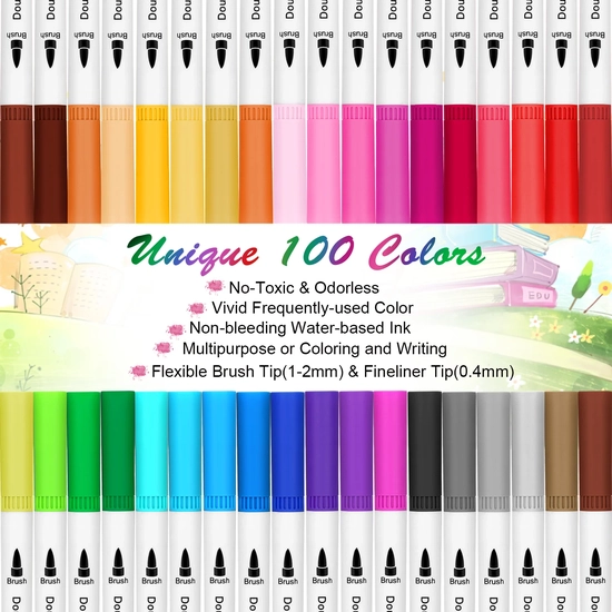 AGPtEK 100 Colors Dual Tip Brush Marker Pens with 0.4 Fine Tip, Non-Toxic,  Odorless & Blendable, Perfect for Illustration, Calligraphy, Sketch Book &  Hand Lettering