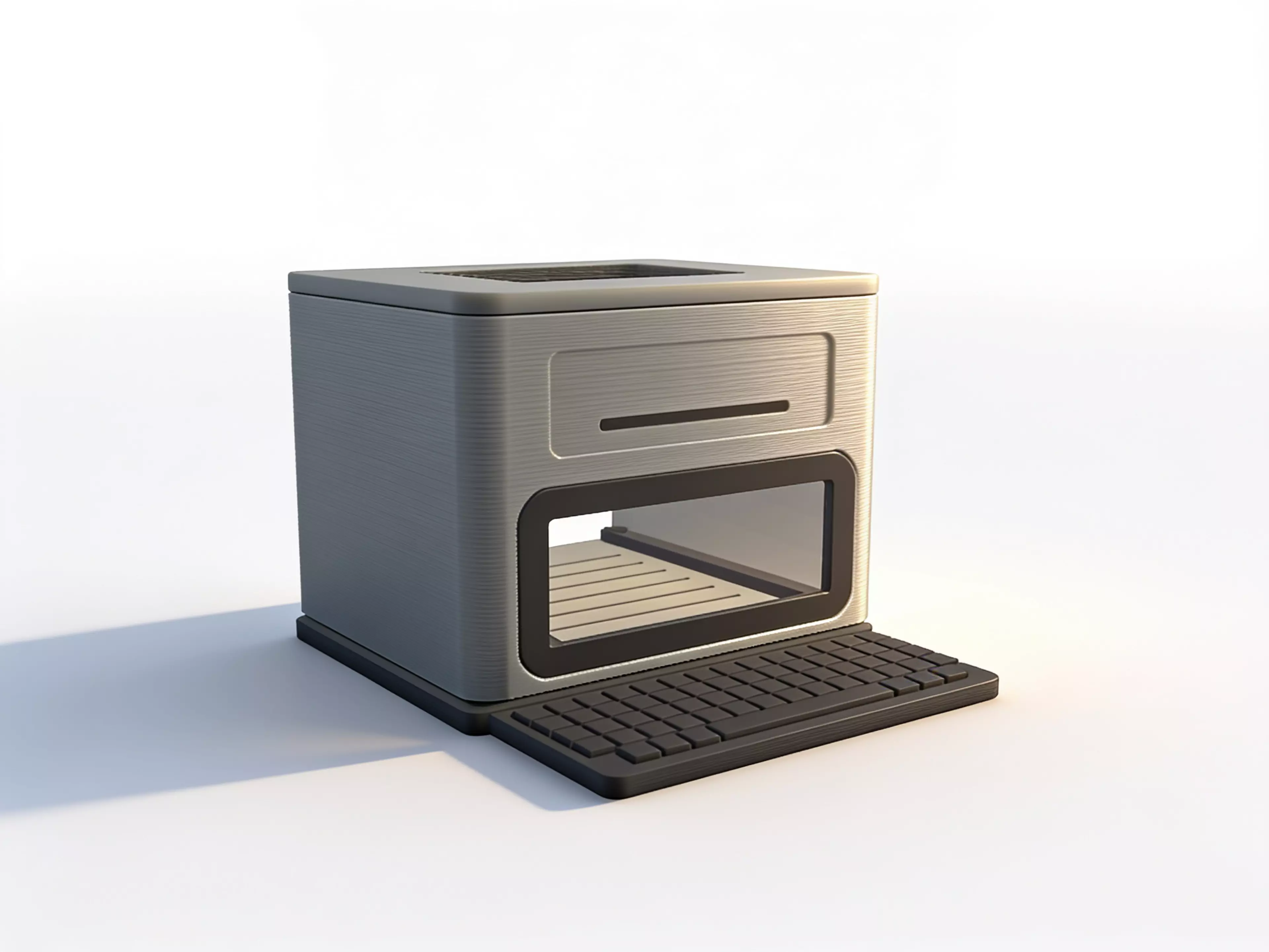 a 220 × 180 × 178 mm Macintosh-silhouette desktop shelf in crisp modern-minimal style, with an open front-to-rear tunnel that holds one NVIDIA DGX Spark (150 × 150 × 50.5 mm) on two internal rails, built as a main body + removable top cover + detachable base plus secondary trim parts.