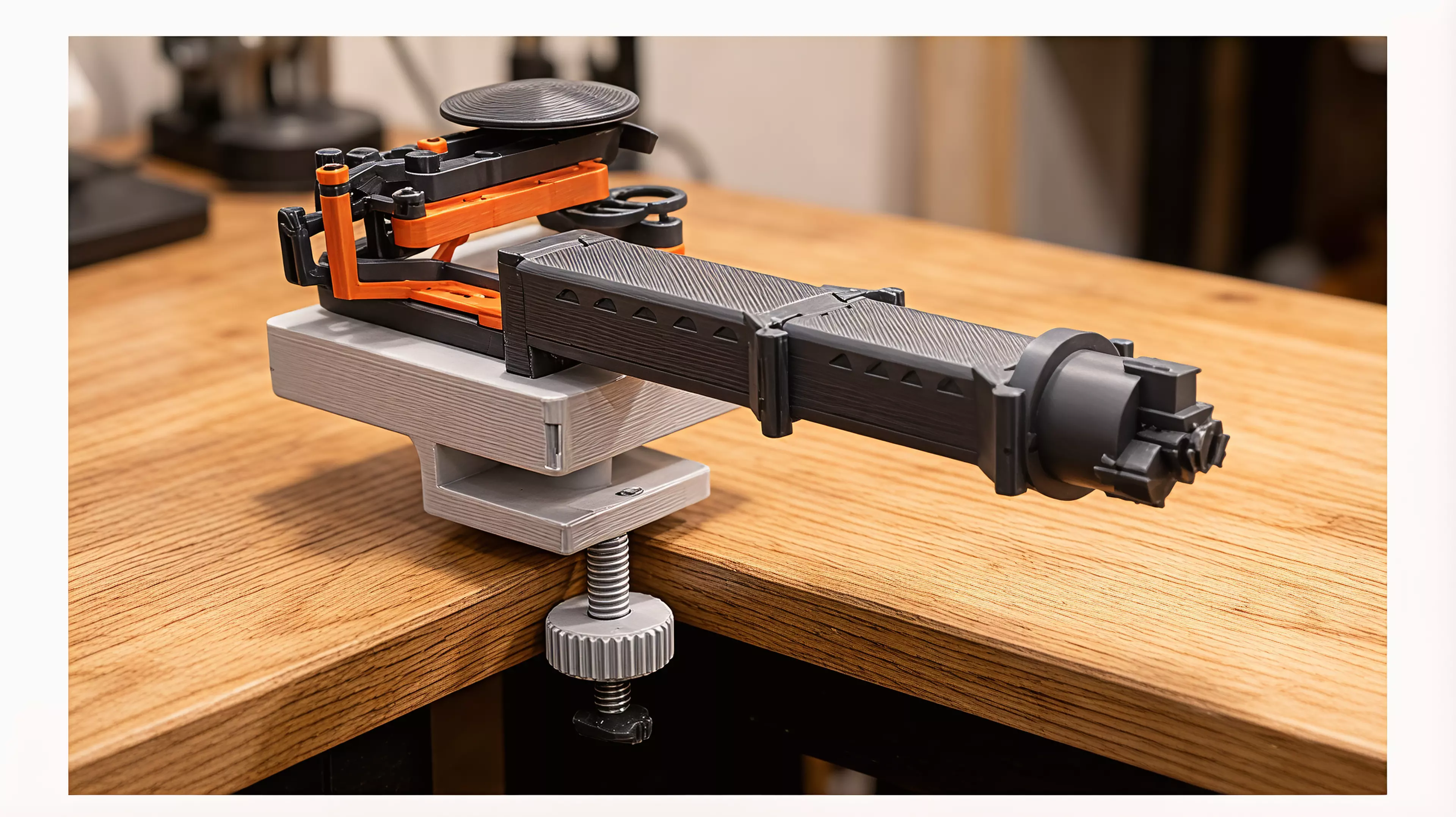 A bench-clamped manipulator that mirrors your hand at 2:1 - squeeze, twist and thumb-push drive a gimballed three-jaw gripper down a stackable boom, for steady, dexterous work inside aquariums, terrariums and tight chassis your hand cannot reach.