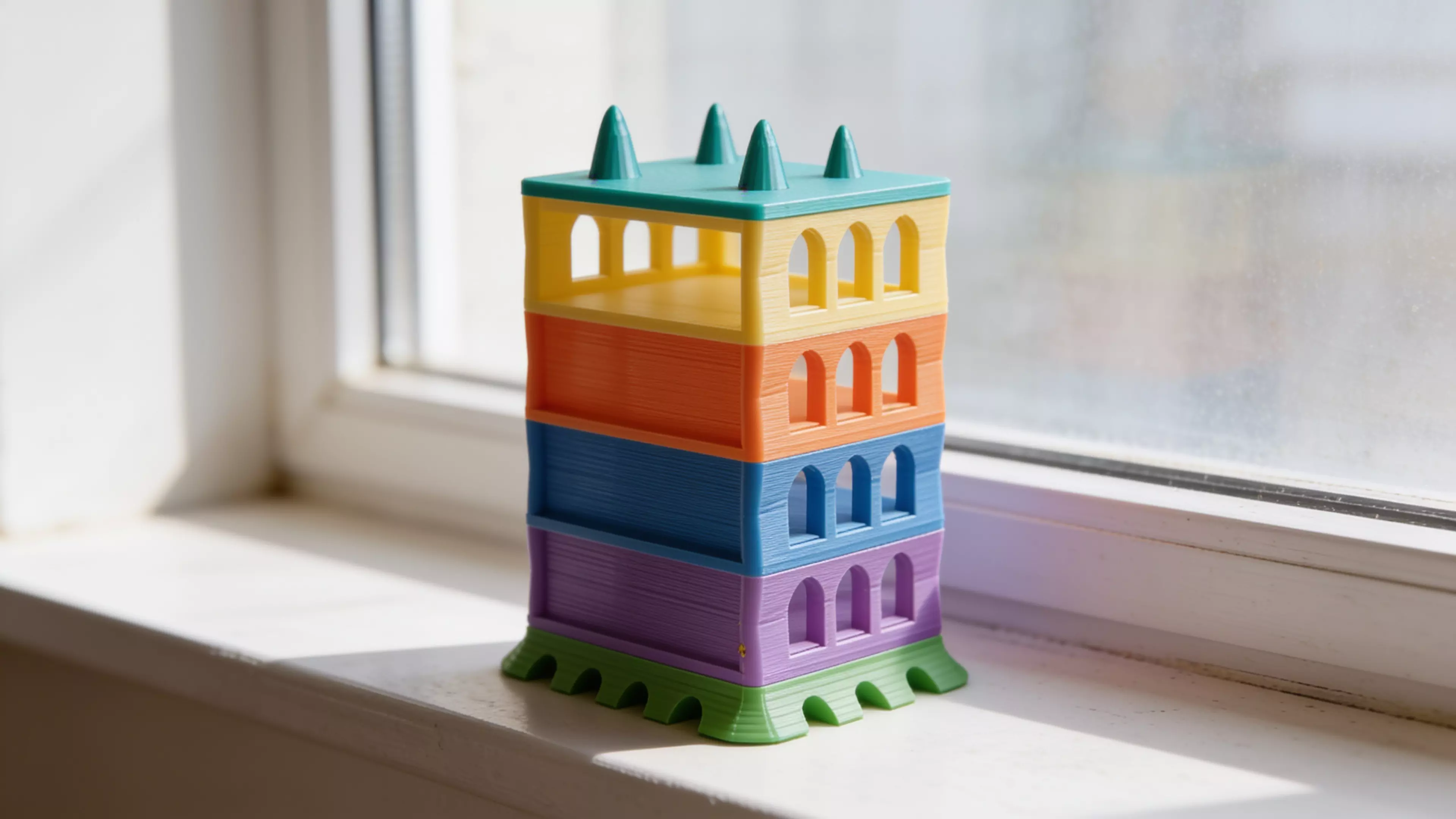 A freestanding 6-piece sculptural tower — splayed organic plinth, four identical catenary-arch bay modules that each cradle one DGX Spark on an open slide-in shelf, and a four-pinnacle parabolic crown — in matte bone-tone PLA, 210 × 170 × 309 mm assembled.