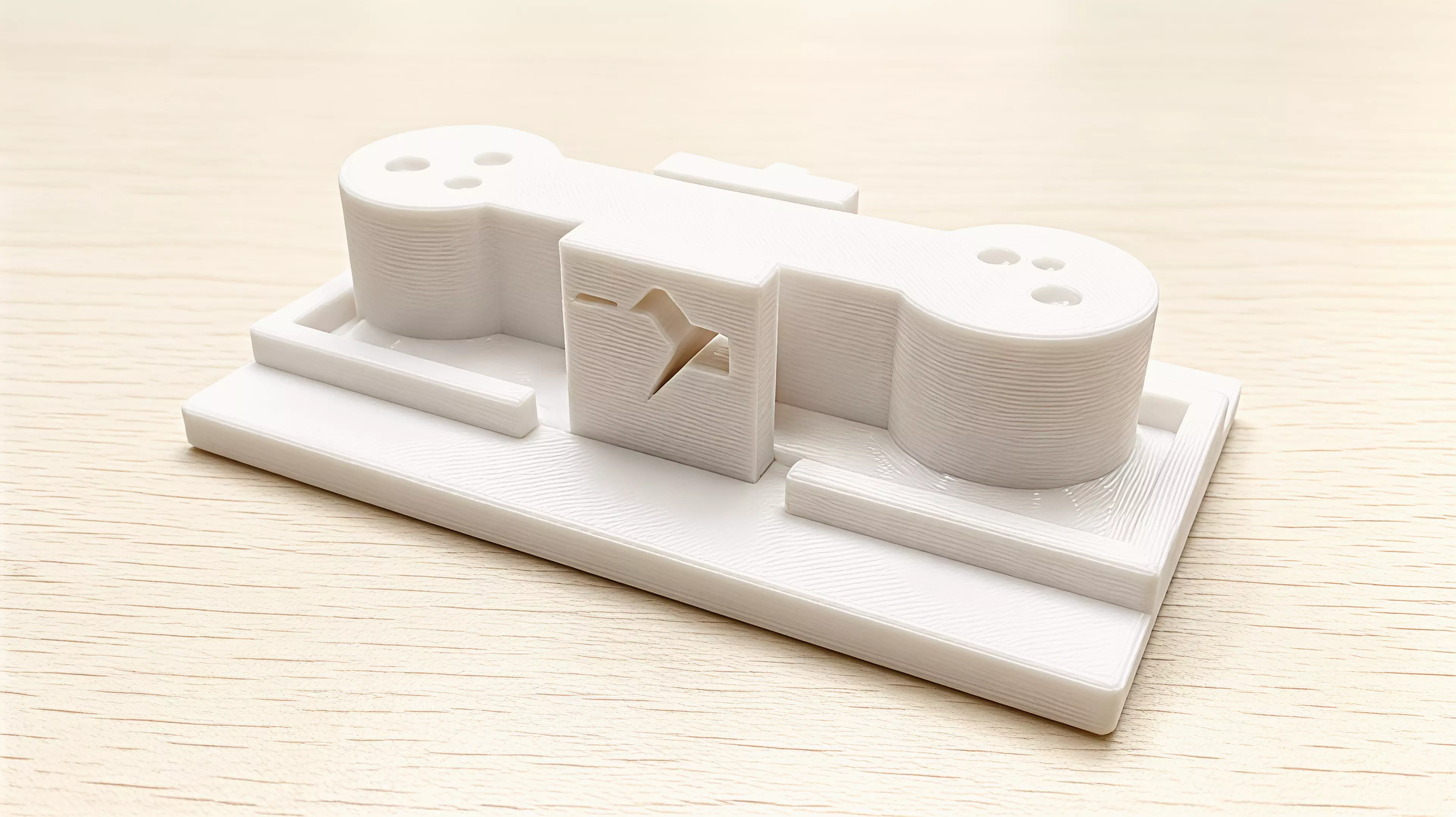 A palm-sized, three-part printable desk mechanism whose exposed rocker makes one cratered moon rise when the other is pressed.