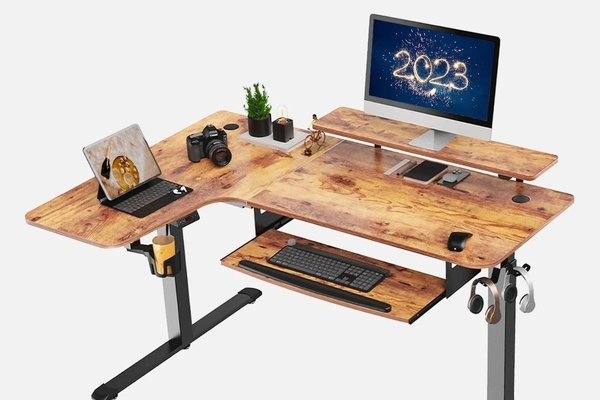 EUREKA ERGONOMIC L60 L-shaped Standing Desk: Key board tray, Rustic