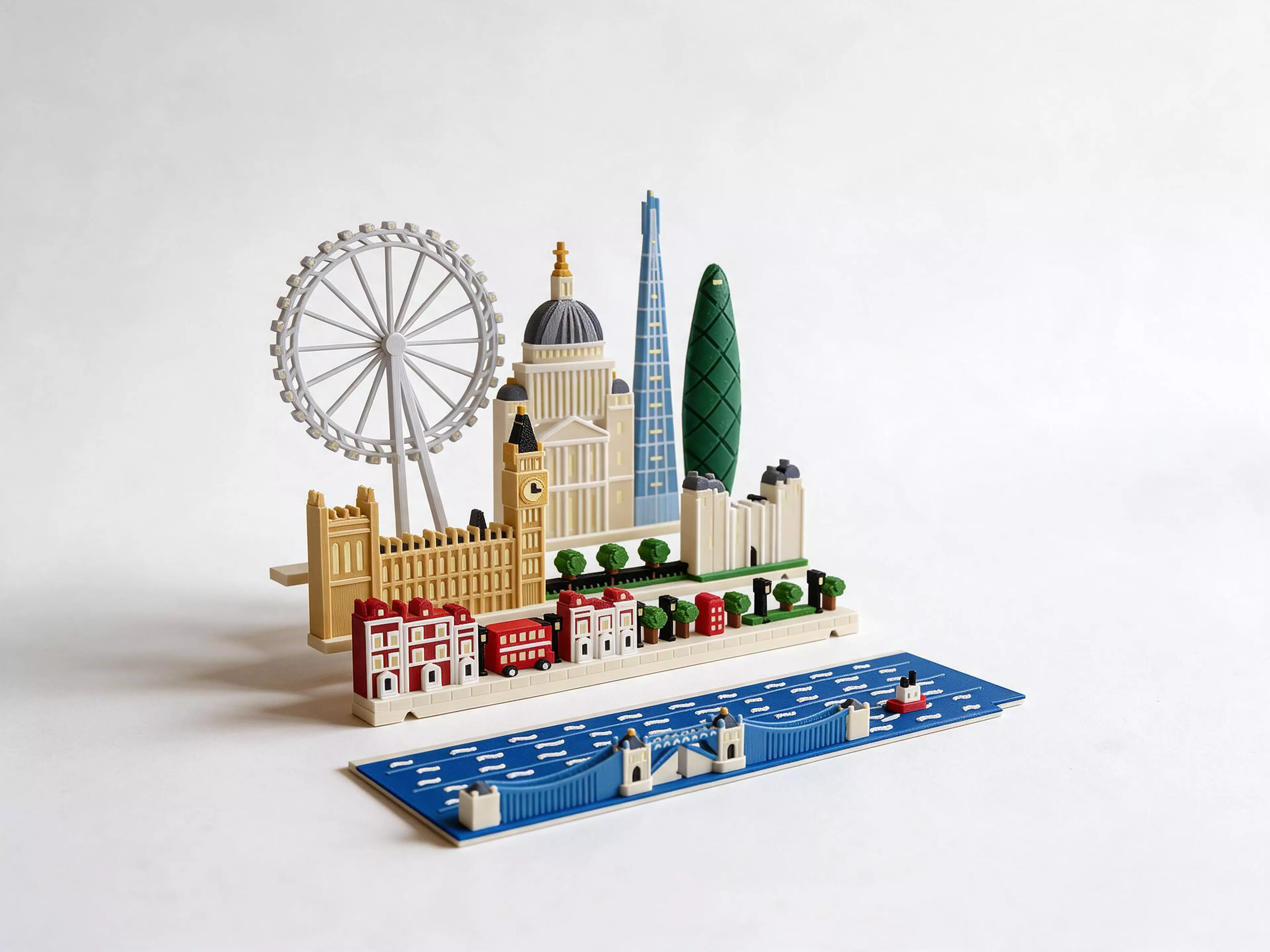 A London set for the Moonlit Atlas pop-up book: three rows of miniature buildings and a Thames river plate that click onto the book's row frames with magnets. In this set: the London Eye, St Paul's dome, the Shard and the Gherkin above the Houses of Parliament and Big Ben, the Tower of London with its ravens, terraced houses, a red double-decker bus and phone box, and Tower Bridge over the Thames, with a tug on the river. With the lamp off, the Eye's capsules, Big Ben's clock, the Shard, the Gherkin and the windows glow in the dark, with no batteries. It needs the Moonlit Atlas book, which is sold separately, and it swaps with any other city set in seconds.