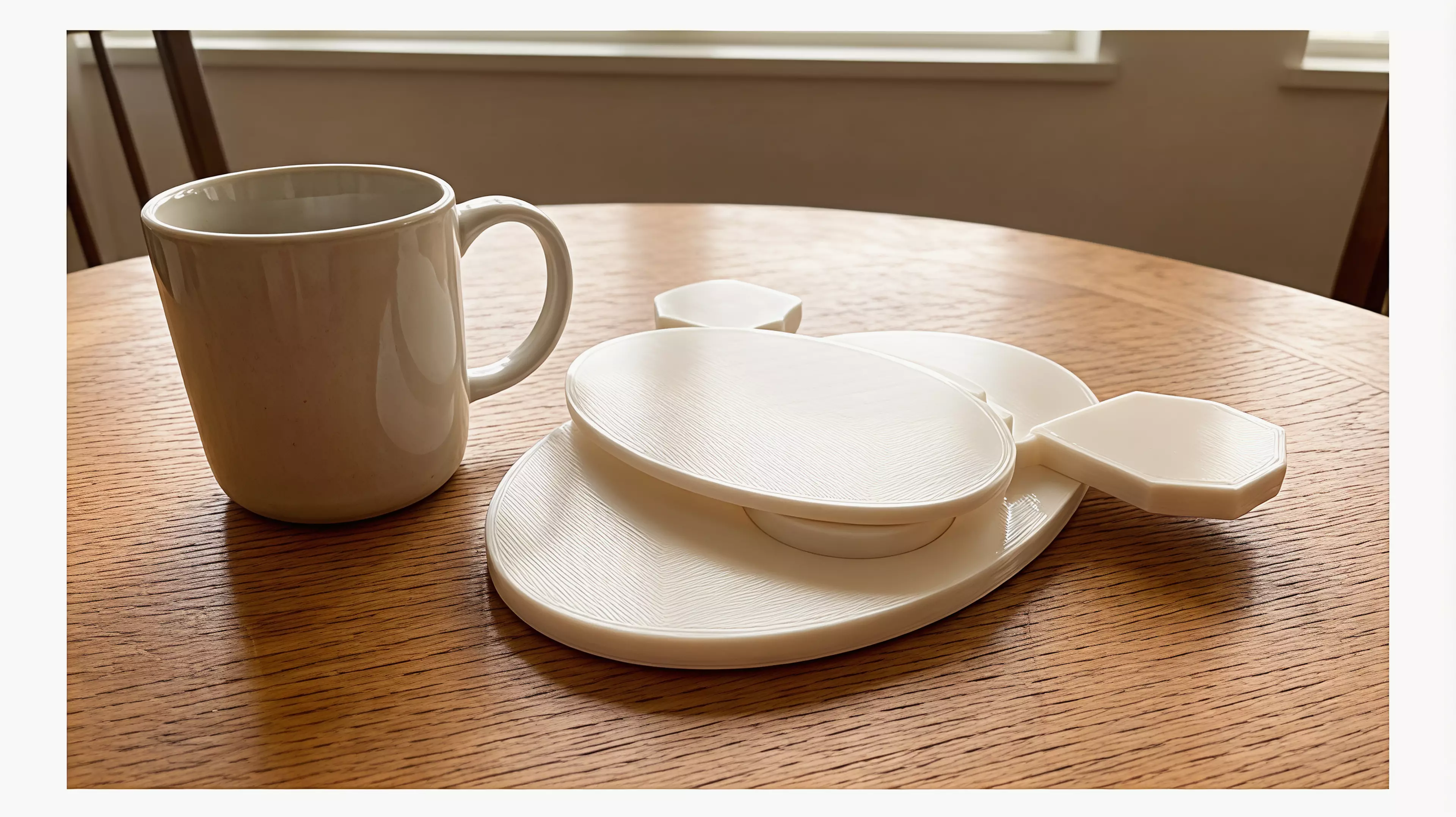 A three-part, hardware-free hand-powered desk toy: sweeping the left wing rotates the meshed pair from a low crescent form toward a moth silhouette with six star apertures.