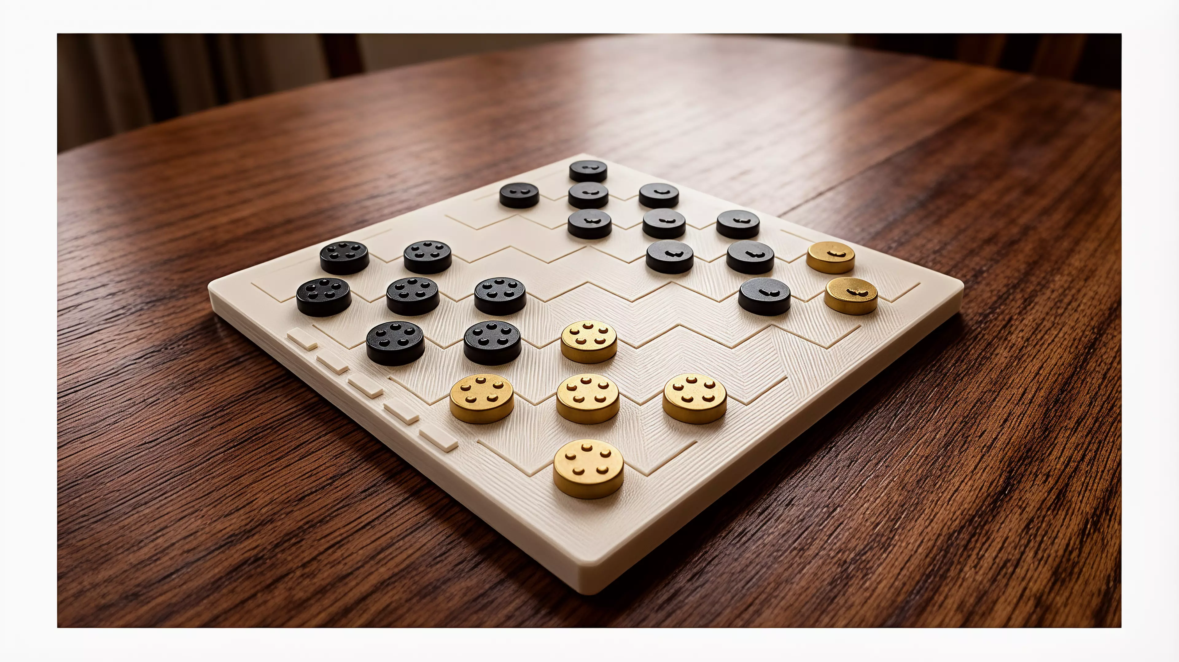 A regulation-readable checkers edition whose five-ring and five-spoke pieces, five brass-like threshold markers, and midnight grid turn the Workshop workflow into table presence without changing the known game.

By Alice.