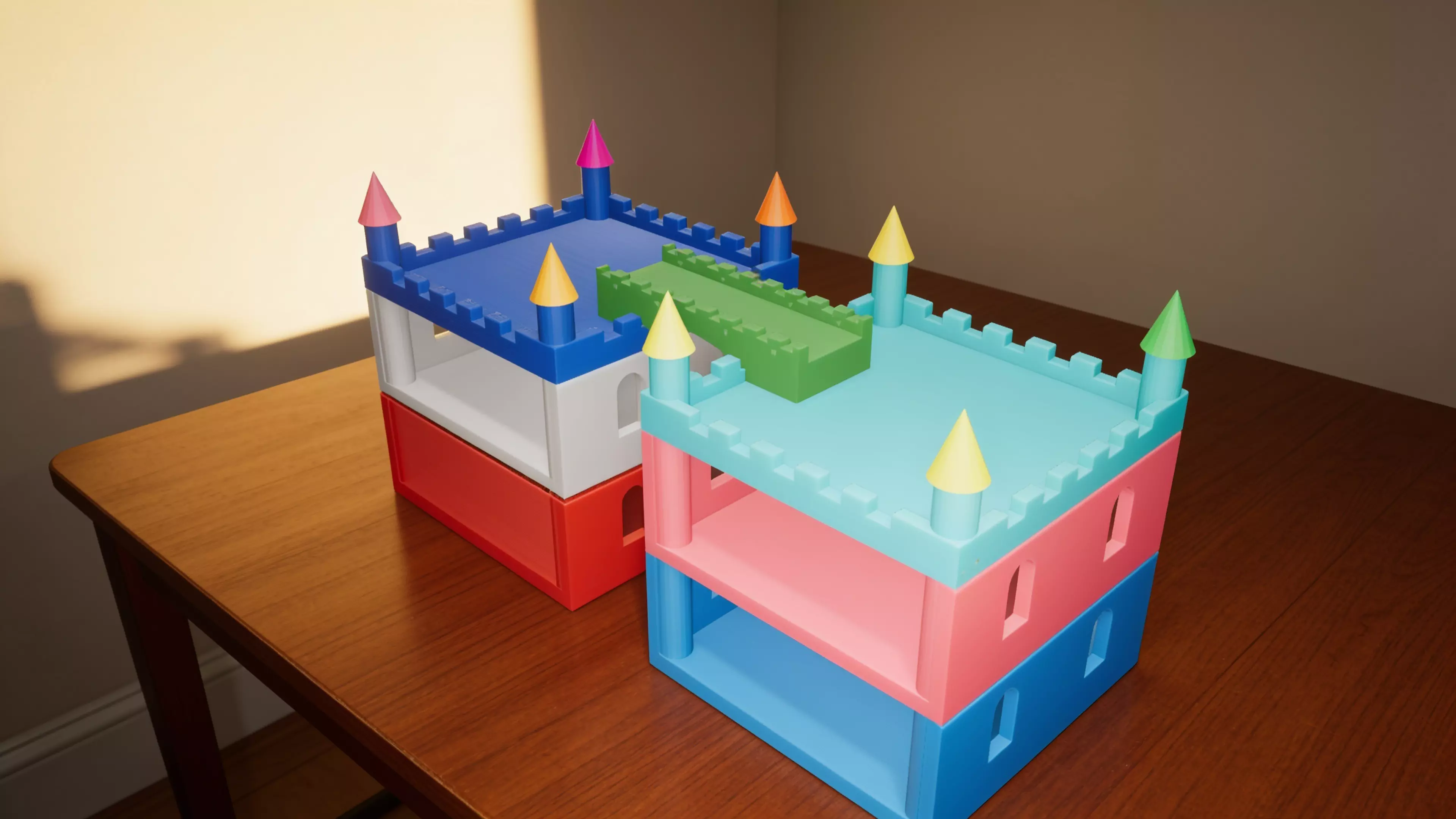 Design a castle shelf to hold four DGX Spark units (dimensions per unit: 150 mm L × 150 mm W × 50.5 mm H). The design should be unique, cute, and vibrant, featuring a modern pastel color palette.