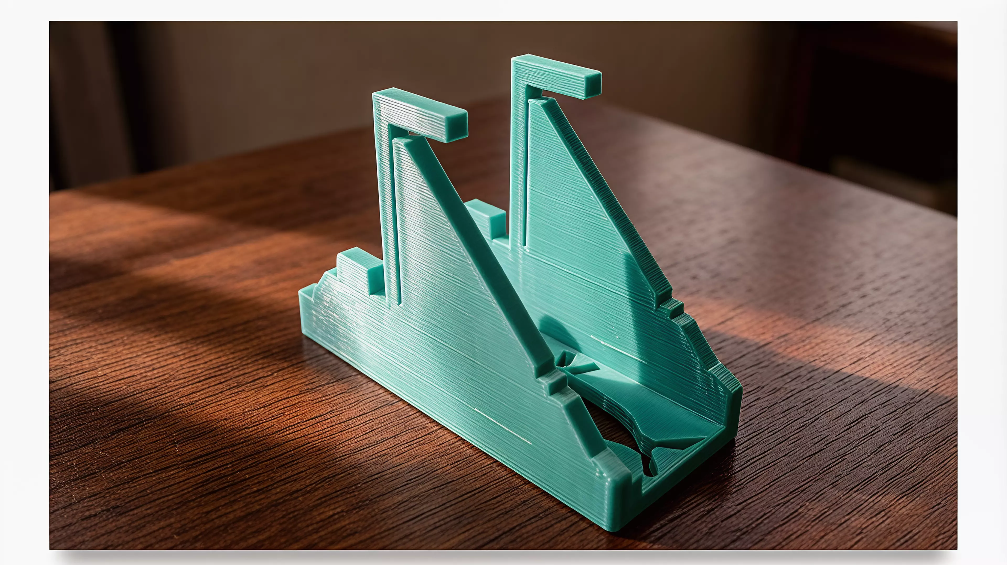 A one-piece desk sculpture whose sailing-ship silhouette becomes a breaching-whale and crescent-moon aperture after one exact quarter-turn.
