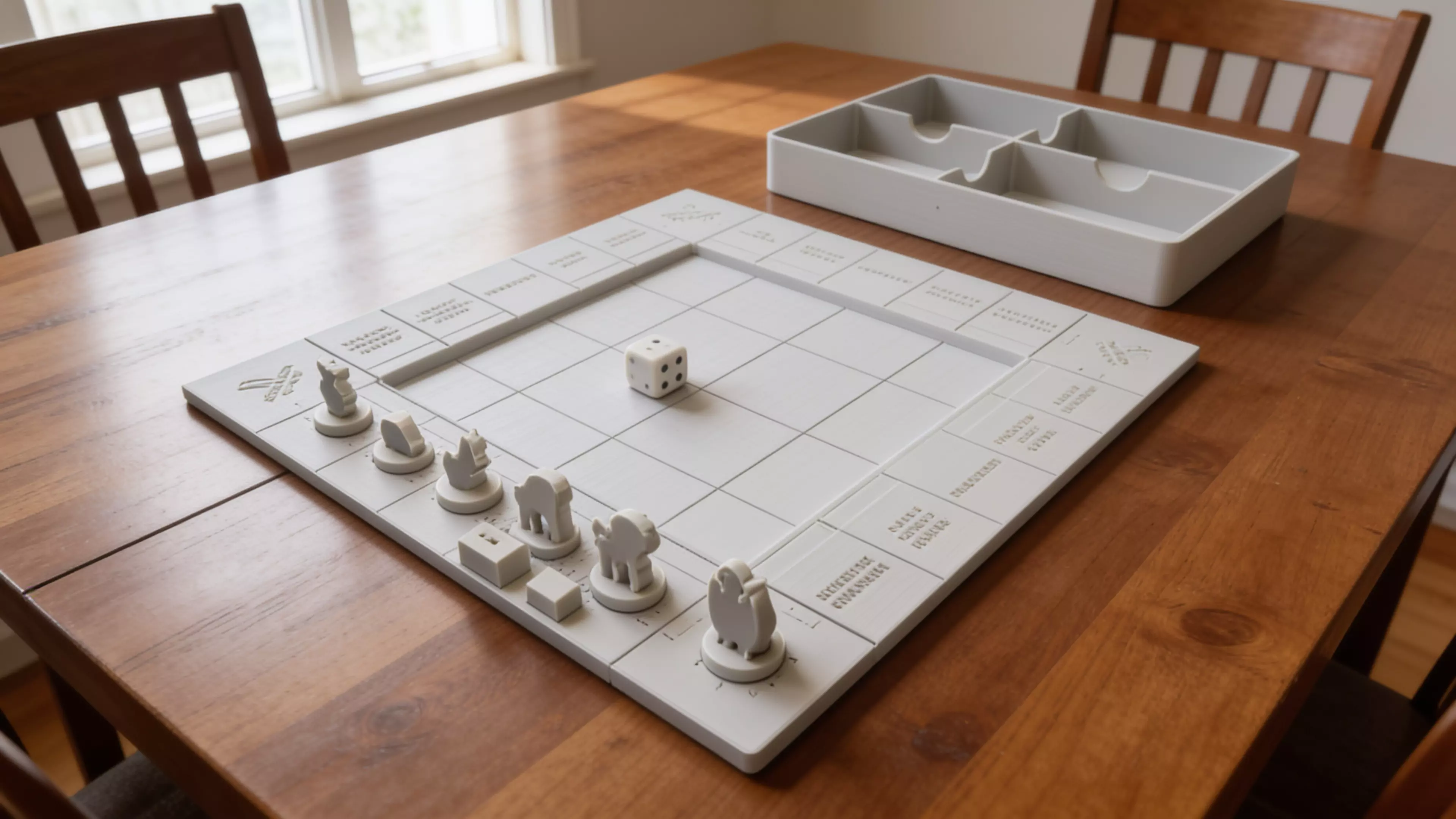 A complete printable set for the game: a 270 × 270 mm snap-together tile board with all 24 spaces engraved, 6 animal tokens (lion, elephant, fox, turtle, panda, eagle), shelter + wildlife-center building pieces, two dice, and a card/money storage tray.