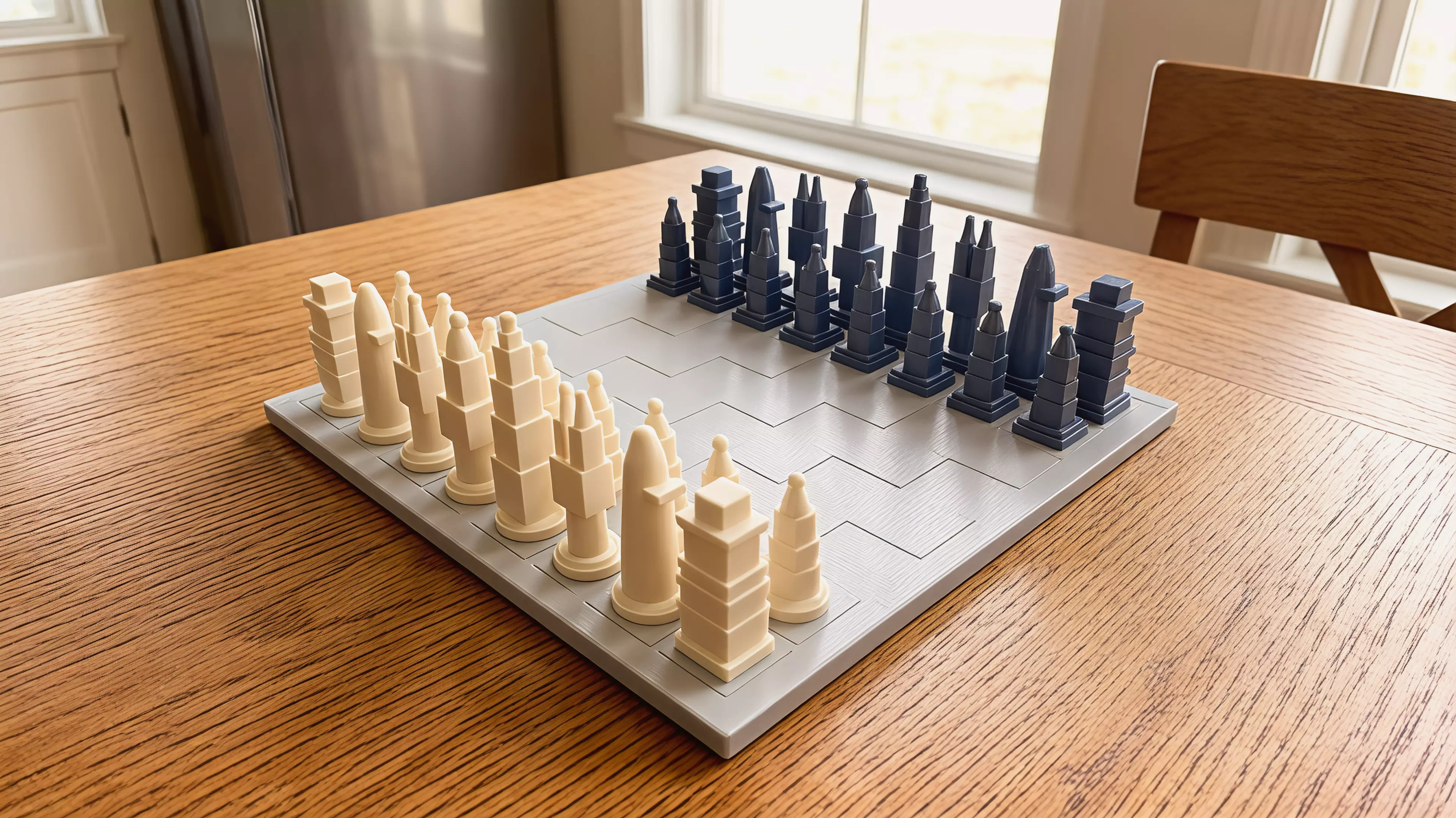 A complete 3D-printable chess set inspired by well-known Ho Chi Minh City architecture, with landmark-based pieces, distinct River and Street armies, and a tactile city-grid board.