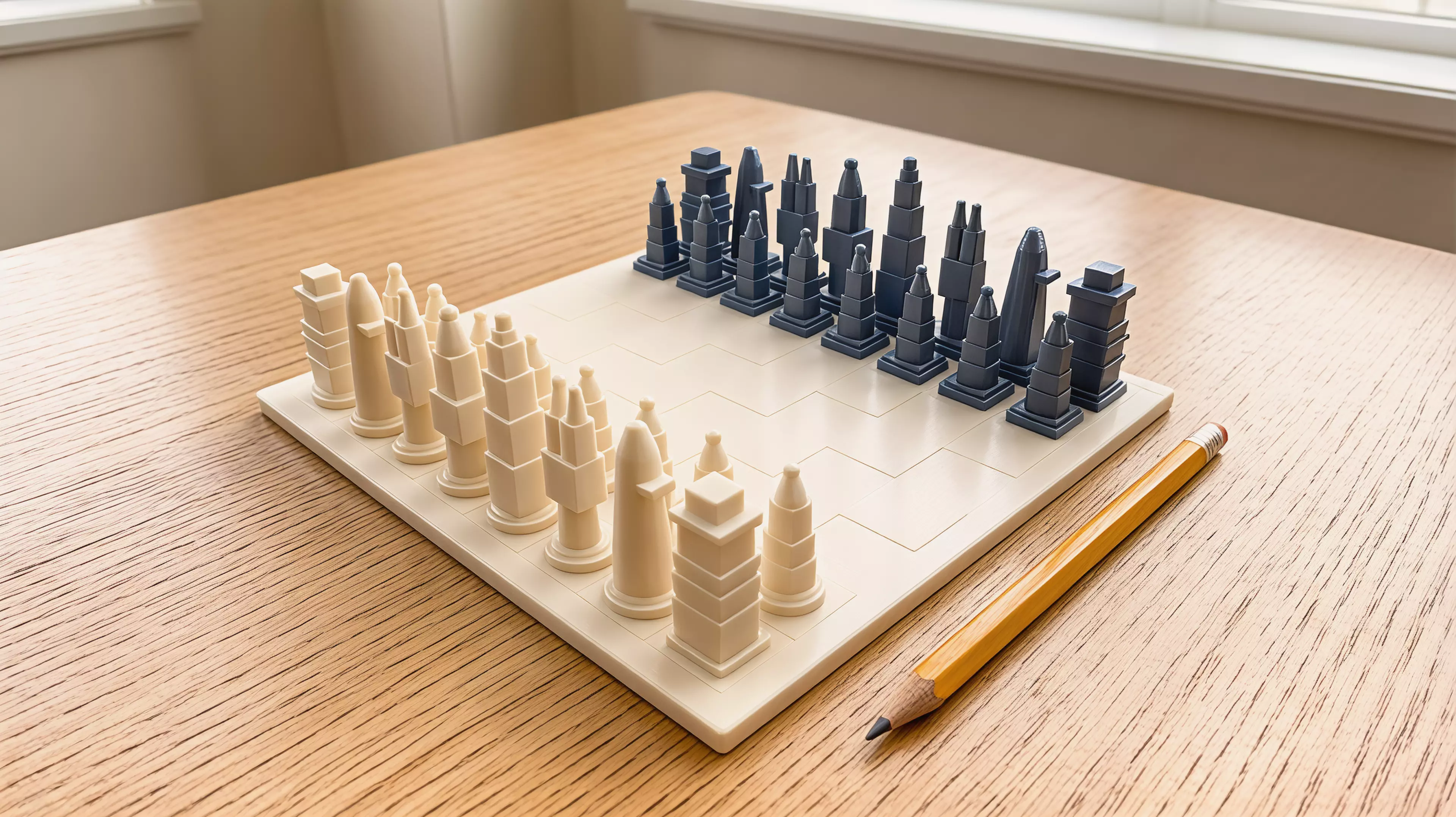 A complete 3D-printable chess set inspired by well-known Ho Chi Minh City architecture, with landmark-based pieces, distinct River and Street armies, and a tactile city-grid board.