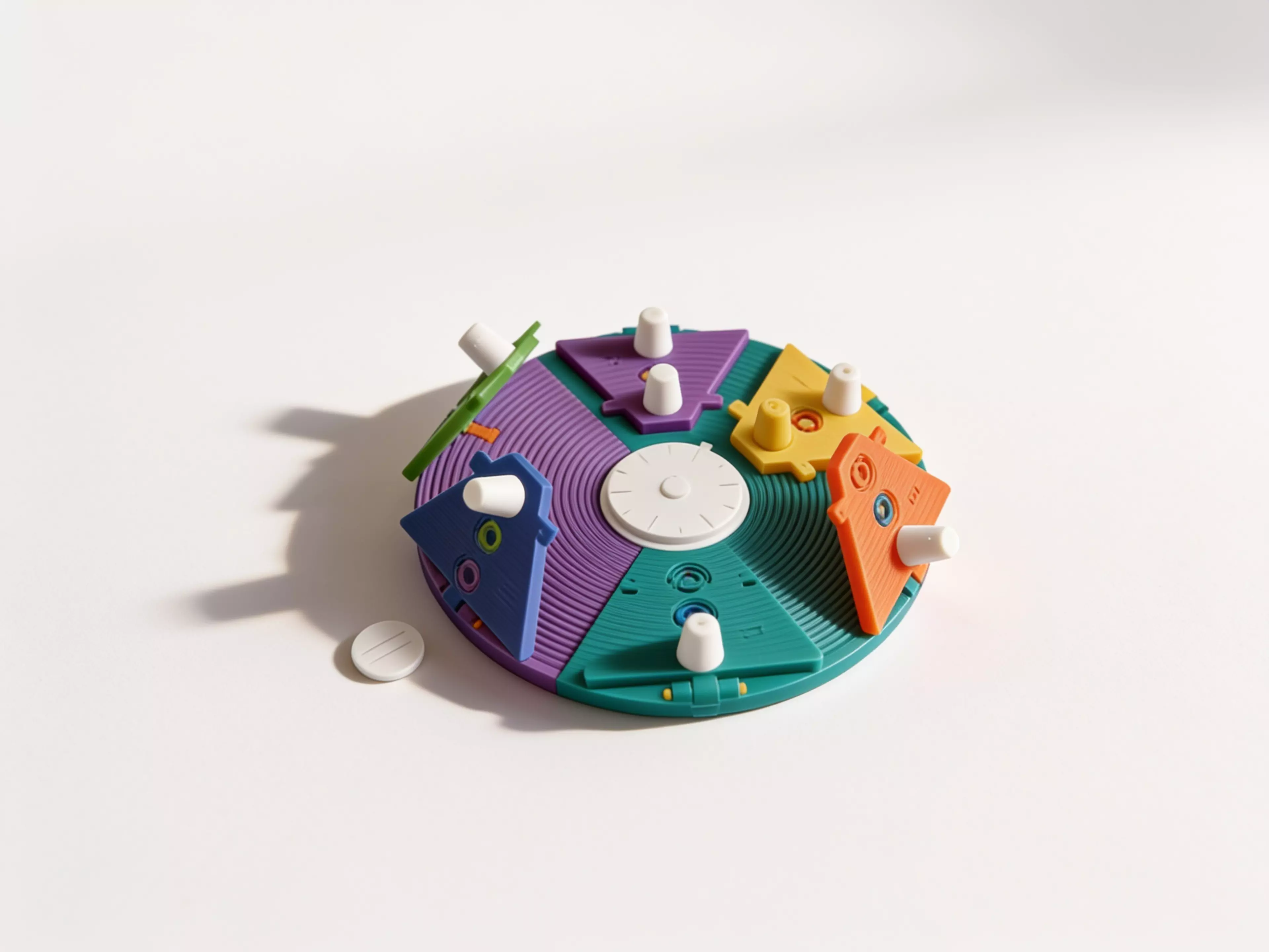 A mechanically verified kinetic abstract strategy prototype. Six hinged petals irreversibly transform the visible movement graph: flat pairs form HALO routes, raised pairs form CROWN routes, and mixed elevations become real gaps. Includes parametric CadQuery source, assembly and per-part STEP/STL, colored GLB, rules, playtest gates, and verified renders.