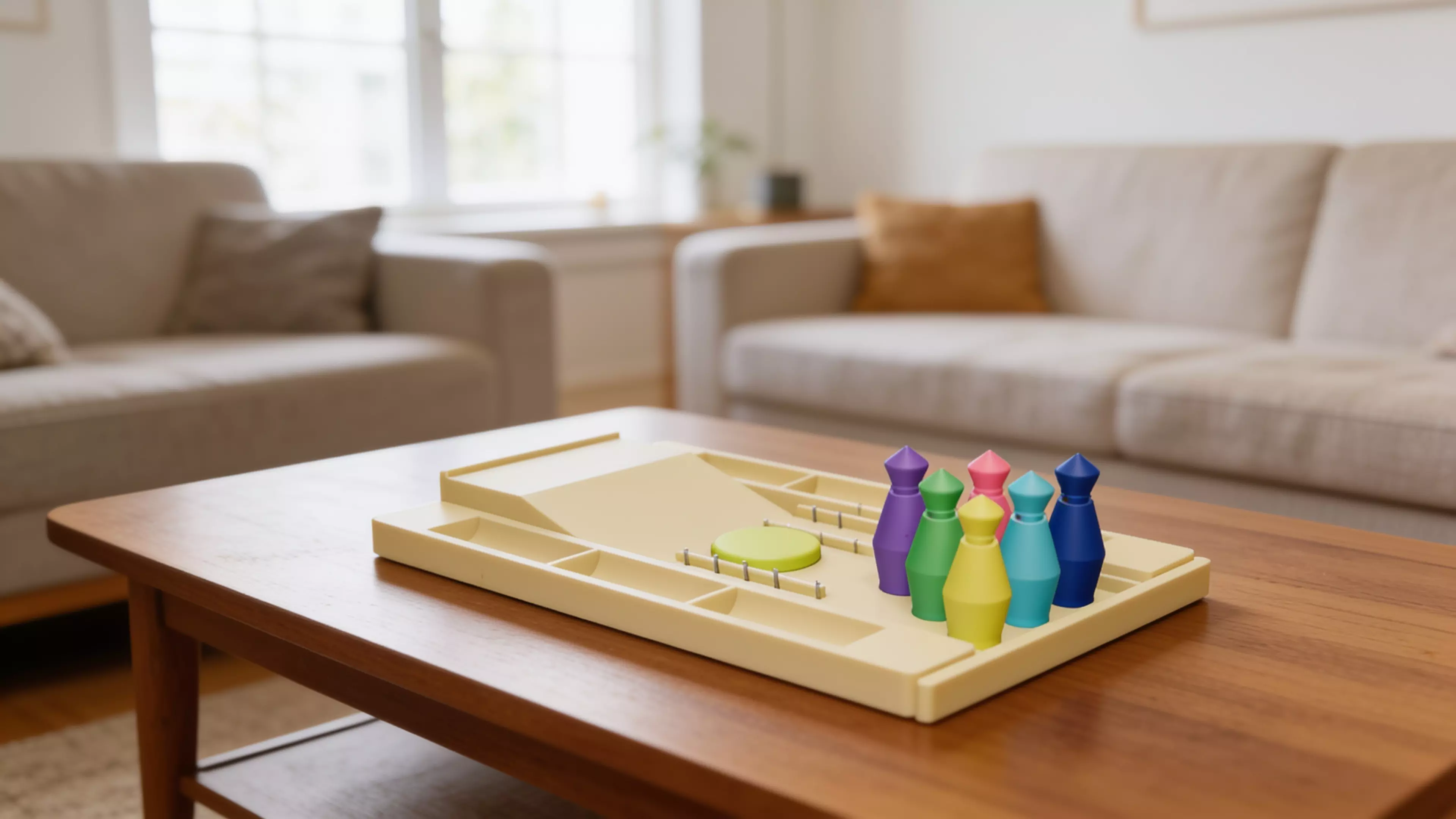 A pocket bowling toy: a lane tray that ramps into a flick-launch pad and doubles as nested storage, six molded pins in a 3-2-1 triangle, and one flick disc — flick the disc off the ramp to send it down the lane into the pins.