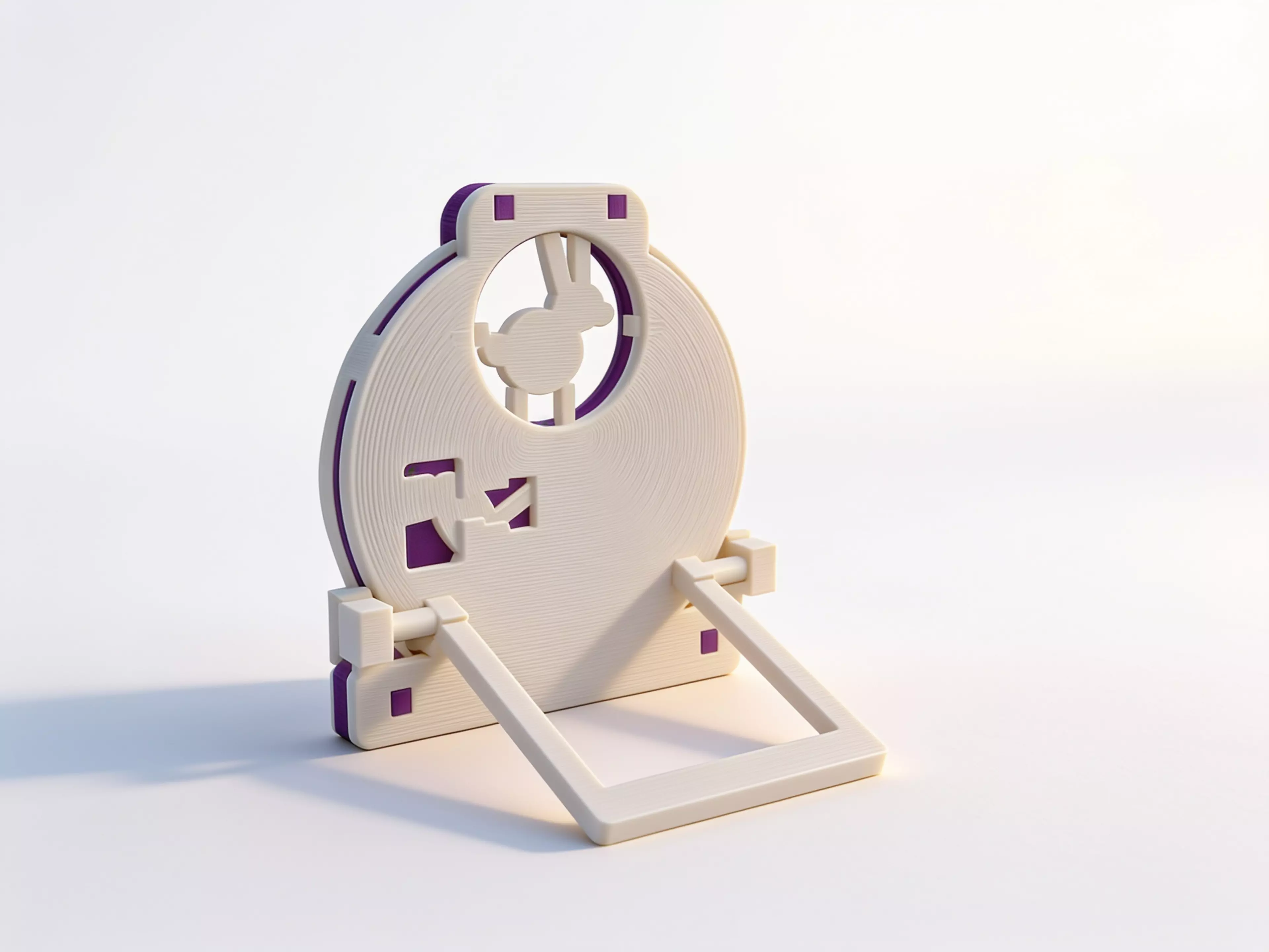 A four-part hand-powered moon gate with a captured reel that casts indexed rabbit, fox, and owl shadows from an ordinary external phone flashlight.