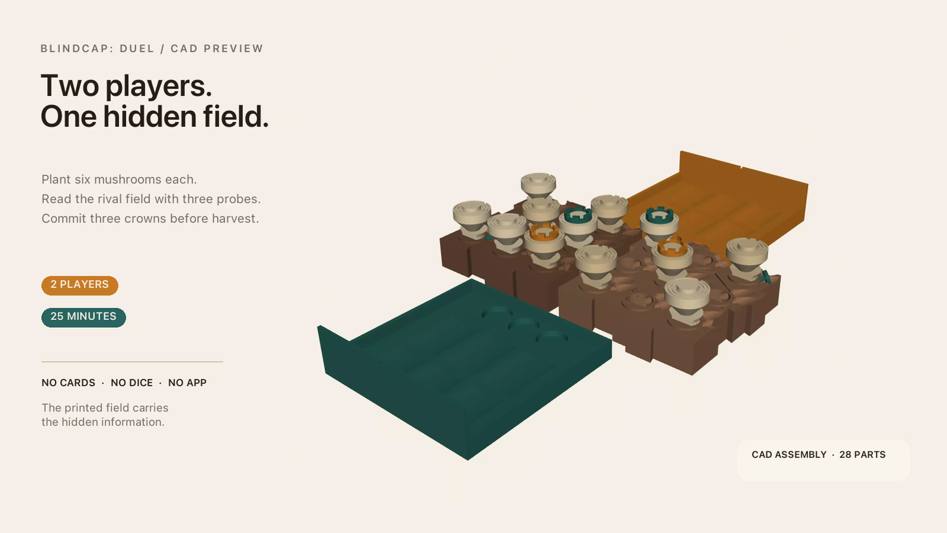 Designed for two players and a 25-minute table. Plant six hidden mushrooms, spend three probes on physical high/low readings, commit three crowns, then reveal the field and score orthogonal groves. By Alice.