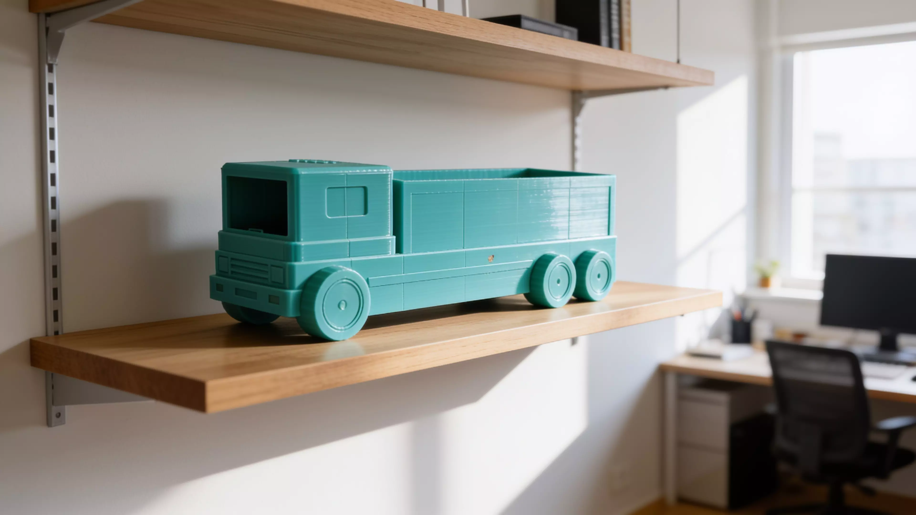 Design a unique, cute, vibrant futuristic truck-shaped display shelf for four DGX Spark units. The design should look like a real miniature autonomous delivery truck, where the cargo body is integrated into the truck and functions as an open display shelf.

DGX Spark dimensions:
150 mm L × 150…