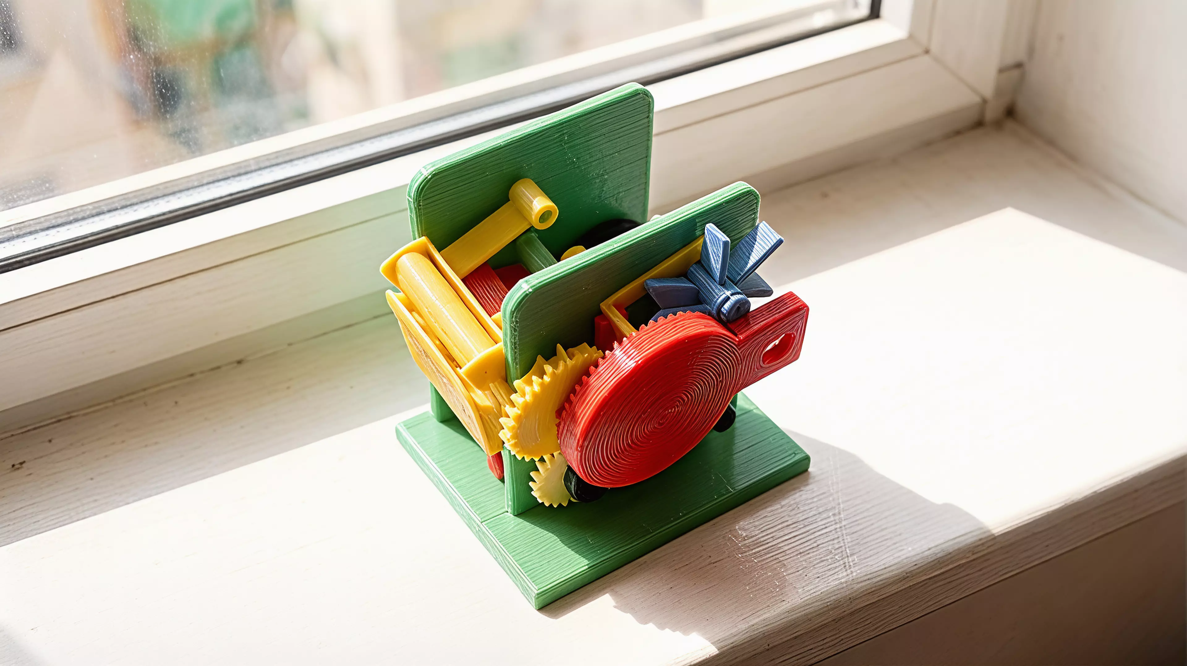 A small, honest transport mechanism made legible. The right-hand side of the machine is a bare gear plate — you crank it, and you watch a six-slot Geneva cross snap the capstan through exactly one sixth of a turn while a ratchet clicks and a six-blade air paddle whirrs up to speed and holds you back. On the left of the plate, hidden behind it, a 57 mm paper strip walks 12 mm and one new line of news appears in a slot on the front. It is a newspaper you can only read forwards, one line at a time,