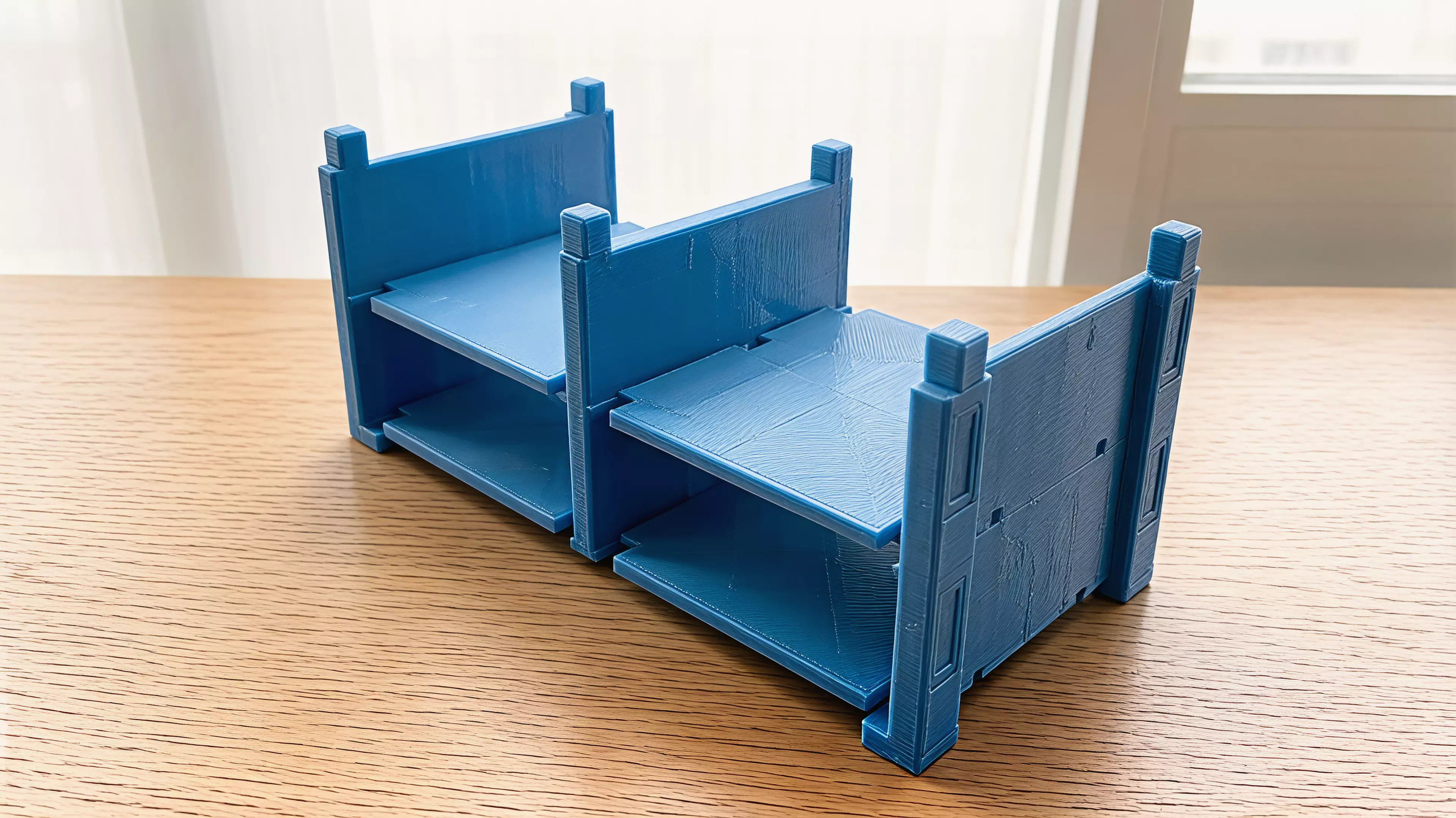 A PETG FDM knock-down rack holding 2 NVIDIA DGX Spark per tier (2 tiers = 4 devices), built from zero tier-unique parts — 2 end walls + 1 center divider + 2 floor trays per tier, stacked on 8 x 8 mm self-locating chamfered key joints, with 4 press-fit feet and flush top caps, styled as a…