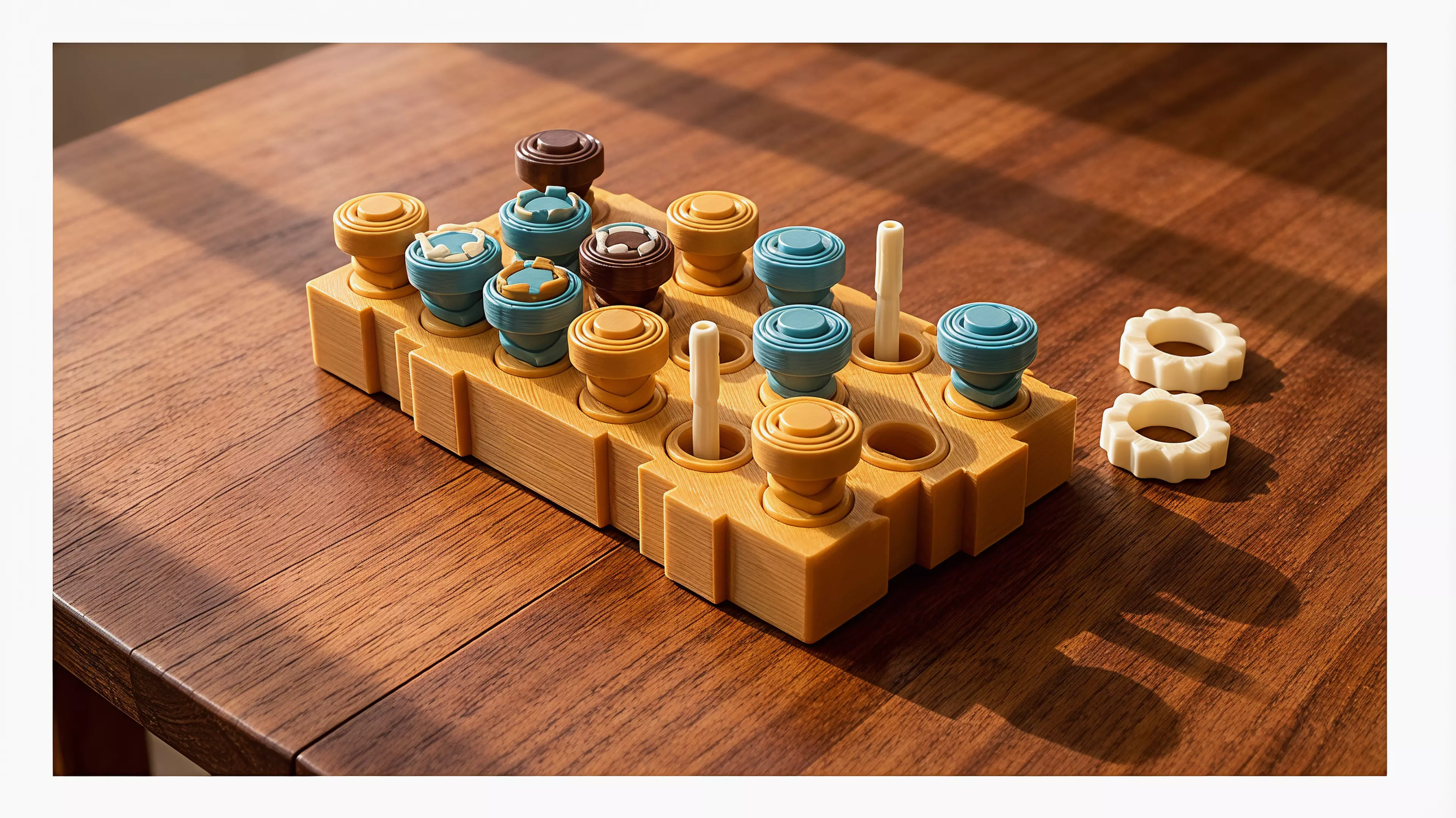 Designed for two players and a 25-minute table. Plant six hidden mushrooms, spend three probes on physical high/low readings, commit three crowns, then reveal the field and score orthogonal groves. By Alice.