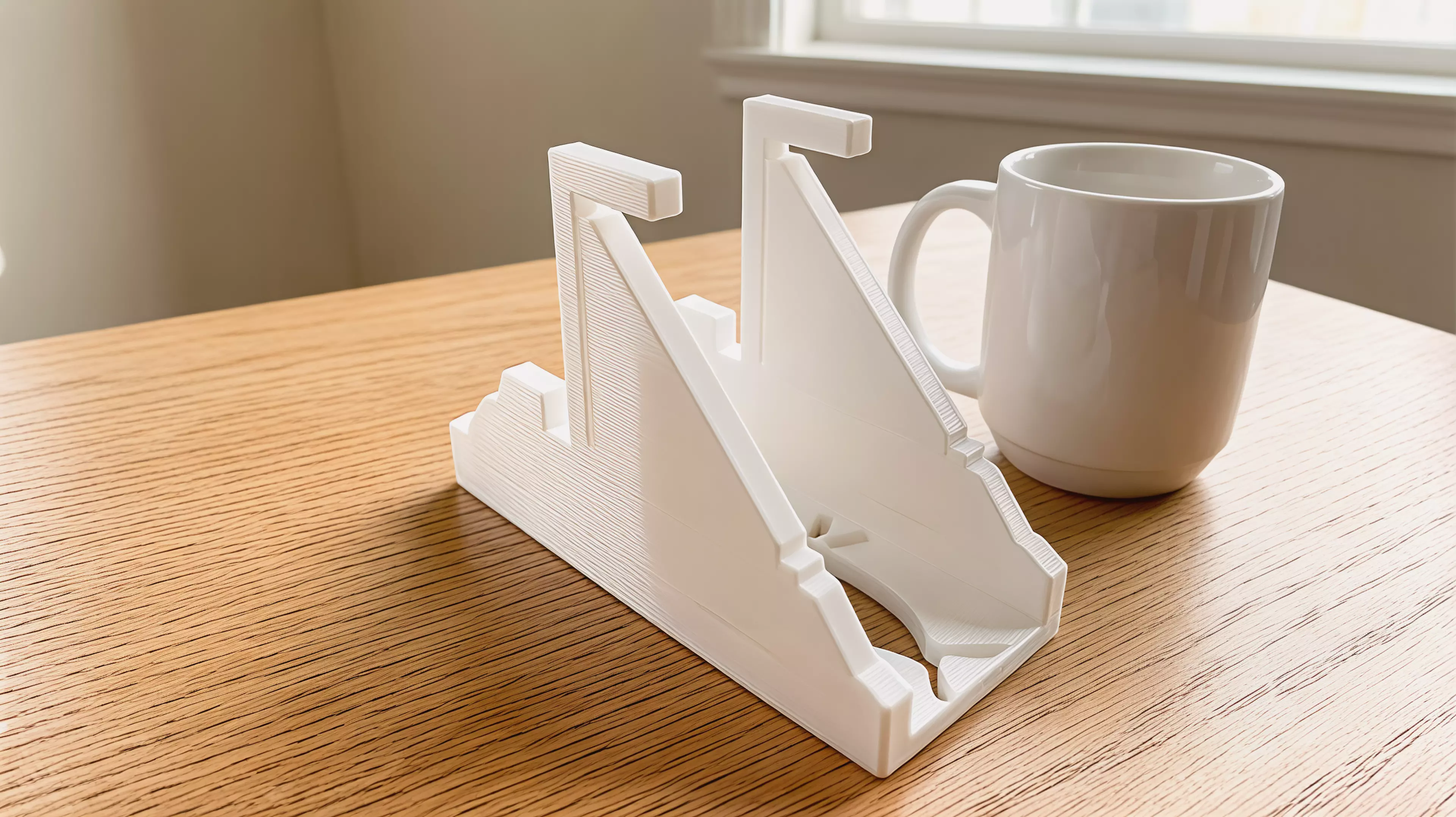 A one-piece desk sculpture whose sailing-ship silhouette becomes a breaching-whale and crescent-moon aperture after one exact quarter-turn.
