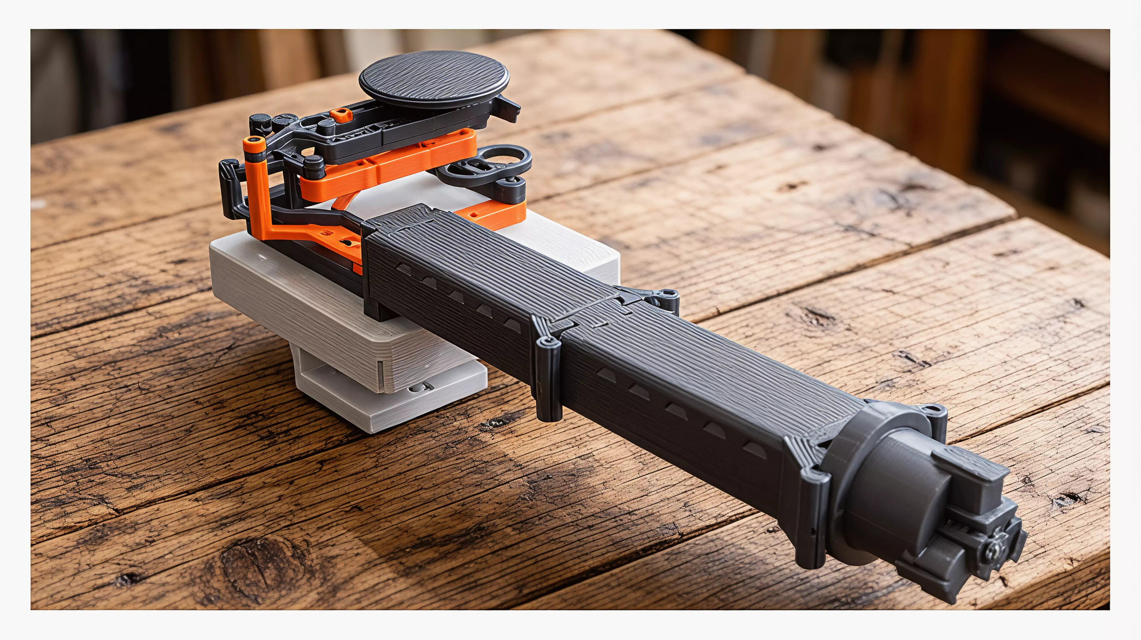 A bench-clamped manipulator that mirrors your hand at 2:1 - squeeze, twist and thumb-push drive a gimballed three-jaw gripper down a stackable boom, for steady, dexterous work inside aquariums, terrariums and tight chassis your hand cannot reach.