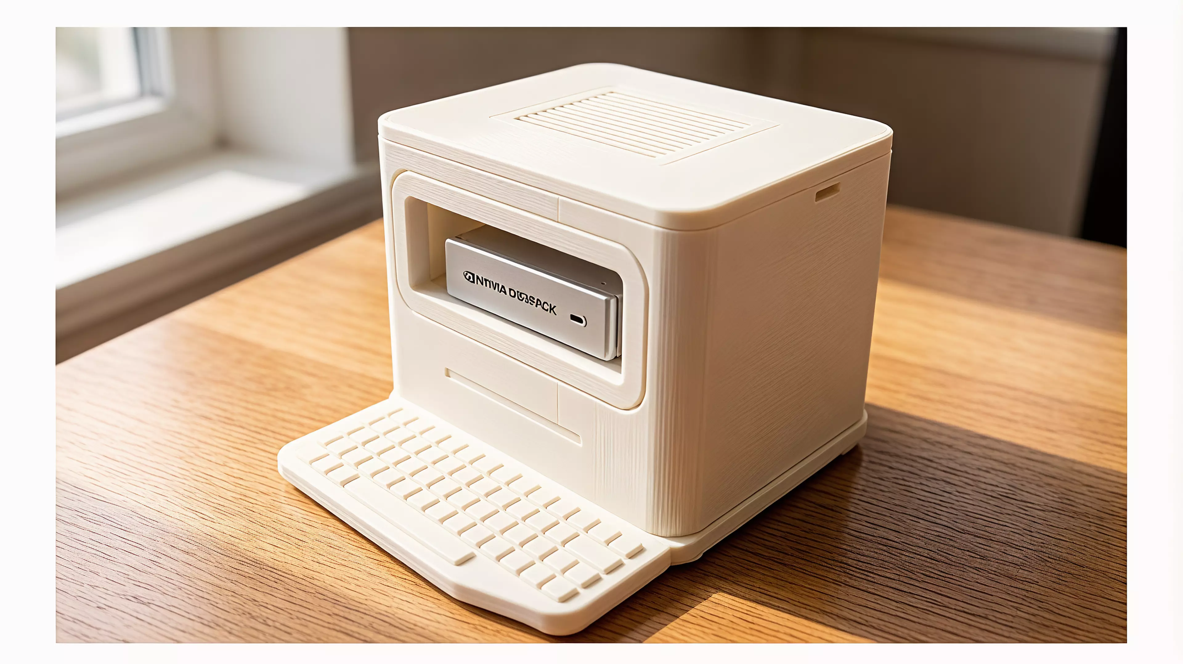 a 220 × 180 × 178 mm Macintosh-silhouette desktop shelf in crisp modern-minimal style, with an open front-to-rear tunnel that holds one NVIDIA DGX Spark (150 × 150 × 50.5 mm) on two internal rails, built as a main body + removable top cover + detachable base plus secondary trim parts.